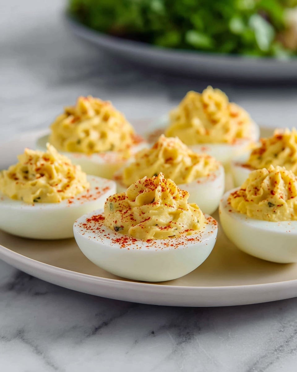 The image shows six deviled eggs arranged on a smooth white plate placed on a white marbled surface. Each egg is cut in half, with a firm white outer layer that holds a creamy yellow filling mixed with visible small black specks. The filling is piped in a swirled, slightly textured mound that rises above the egg white, and the tops are sprinkled with a fine red powder, likely paprika, which adds a vibrant color contrast. In the blurred background, there is a bowl with green leafy herbs adding a touch of fresh green color. Photo taken with an iphone --ar 4:5 --v 7