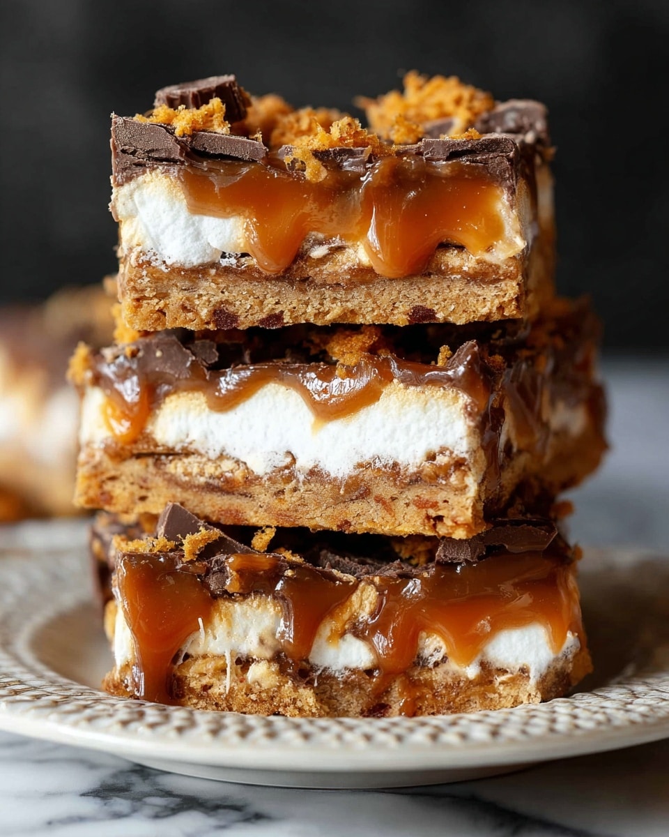 A stack of three thick, gooey bars layered with light brown graham crackers, white marshmallows, and caramel sauce dripping down the sides. Each bar has a top layer with broken pieces of chocolate and crispy golden-orange bits adding texture. The layers show the crackers in the middle, soft marshmallow patches, and shiny caramel flowing between them. The bars sit on a white plate with a textured, patterned edge on a white marbled surface, with a blurred dark background. photo taken with an iphone --ar 4:5 --v 7