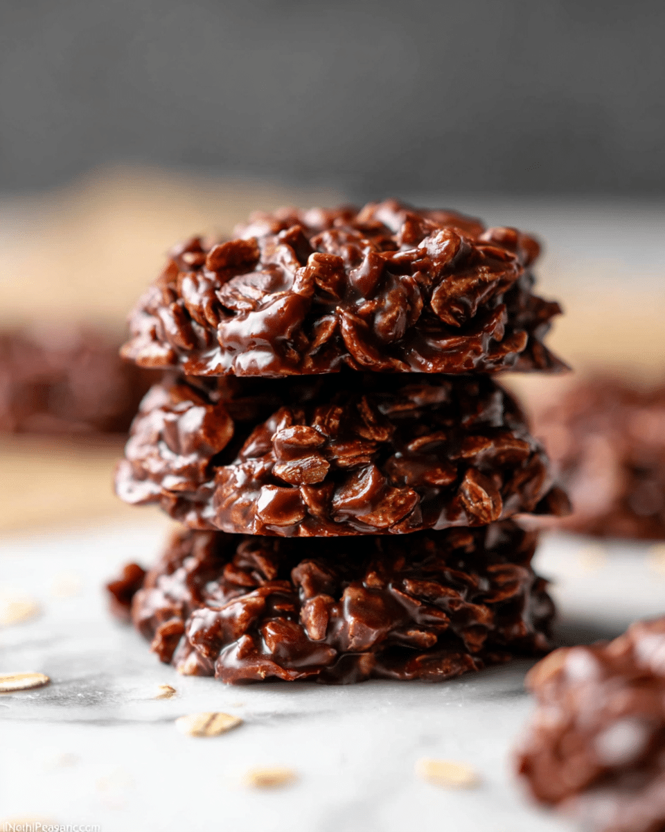 A stack of three round no-bake chocolate oat cookies sits on a white marbled surface, each cookie showing a rough, chunky texture with visible oat flakes coated in dark brown chocolate. The cookies are thick, uneven, and glossy, highlighting their chewy and dense nature. In the background, a few blurred cookies add depth, with the focus sharply on the middle cookie stack, showing detailed oats and shiny chocolate glaze. photo taken with an iphone --ar 4:5 --v 7