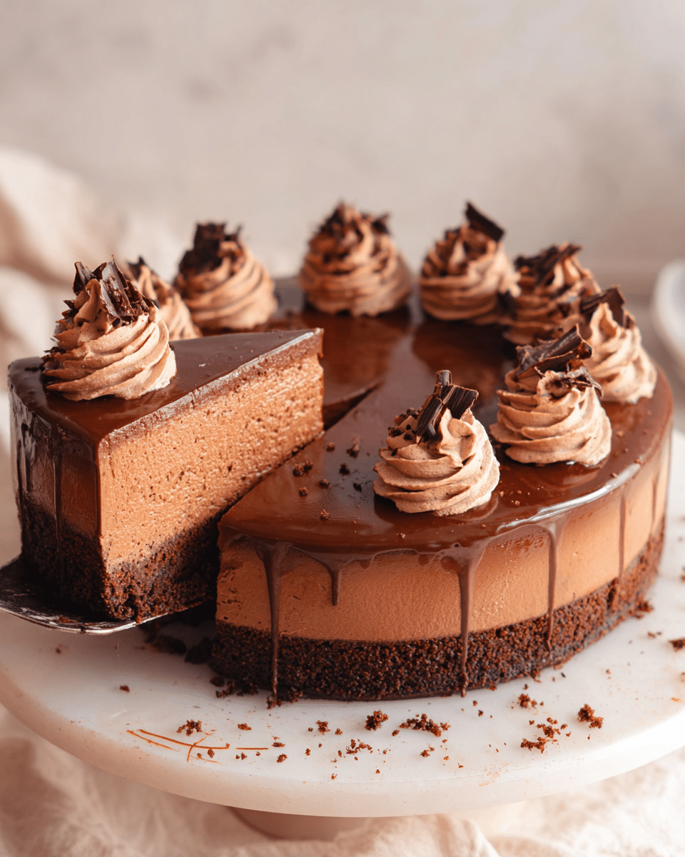 A rich chocolate cake is shown with three main layers: a dark brown crumbly base, a thick middle layer of smooth chocolate mousse, and a shiny chocolate glaze dripping slightly over the edges. On top, there are evenly spaced swirls of light brown chocolate cream, each garnished with dark chocolate shavings. One slice is being lifted, revealing the neat, dense texture of the mousse and the crumbly base. The cake sits on a round white plate over a white marbled surface, with some chocolate crumbs scattered around. Photo taken with an iphone --ar 4:5 --v 7