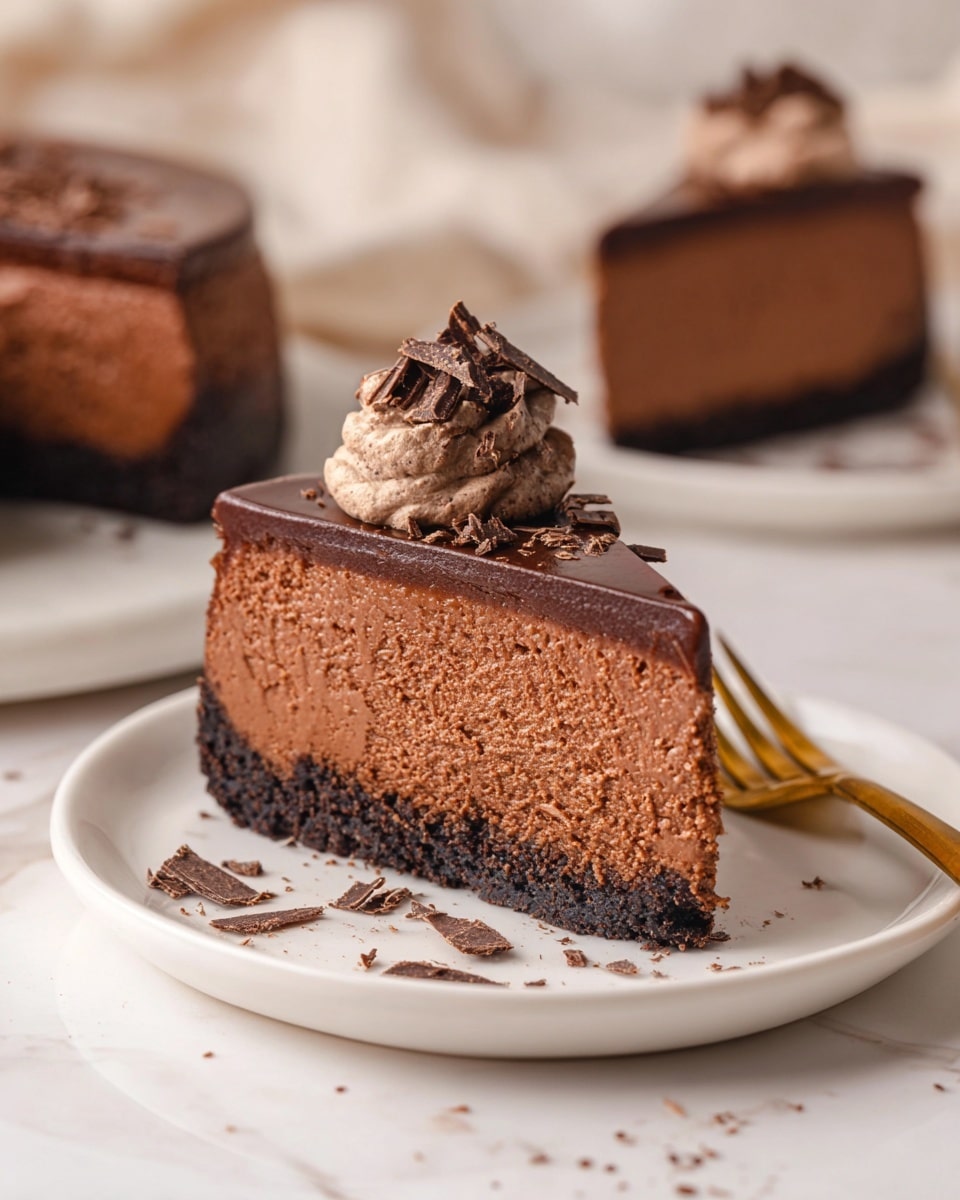 A slice of chocolate cheesecake is shown on a white plate with three distinct layers. The bottom layer is a dark, crumbly crust. The middle layer is thick, smooth, and creamy chocolate cheesecake, dyed a rich medium to dark brown. On top of the cheesecake is a glossy, slightly melted chocolate glaze layer. A swirl of light and airy chocolate mousse with a slightly textured surface sits on the top center, garnished with dark chocolate shavings. Around the plate, small crumbs and chocolate chunks are scattered on a white marbled surface. A golden fork lies near the plate. In the blurred background, another slice of the same cheesecake is visible on a white plate. Photo taken with an iphone --ar 4:5 --v 7