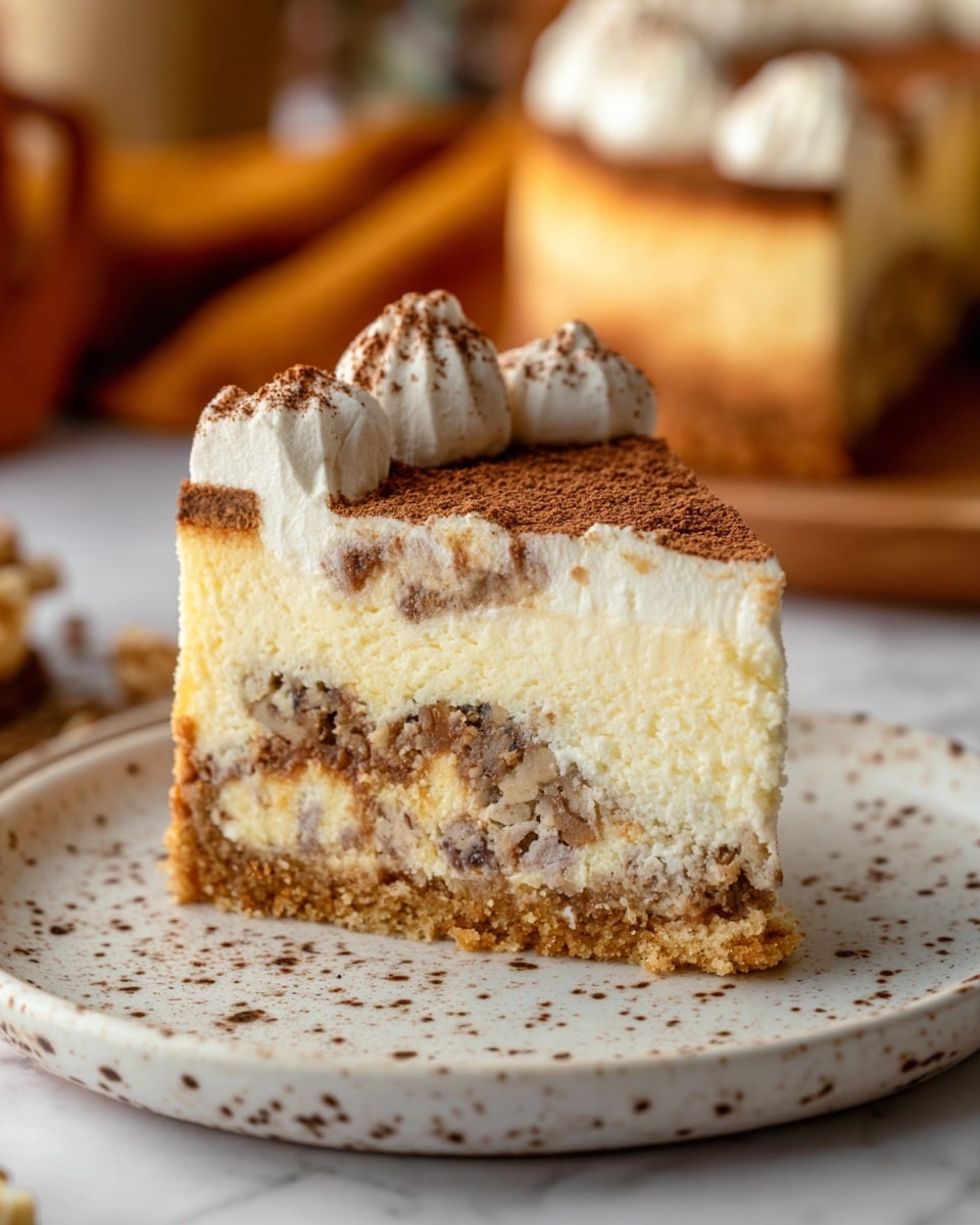 A slice of cheesecake on a white plate with speckled brown spots is shown on a white marbled surface. The cheesecake has four layers: a bottom golden-brown crumb crust, a thick creamy pale yellow layer, a middle layer with swirls of brown and beige mixed with bits of nuts or chocolate, and a top layer of smooth white cream dusted with fine brown powder. The edges of the white cream are scalloped, adding texture to the top. In the background, part of the whole cheesecake and blurred warm-toned items create a cozy atmosphere. Photo taken with an iphone --ar 4:5 --v 7