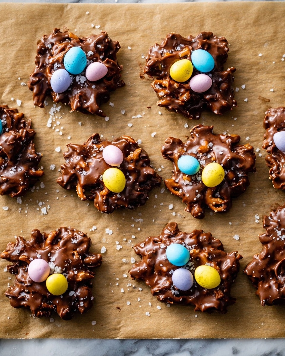 The image shows nine clusters of rich, glossy chocolate coating pieces of pretzel or similar snack, arranged on a brown parchment paper over a white marbled surface. Each cluster is topped with three brightly colored candy-coated chocolate eggs in pastel yellow, blue, and pink, placed in the center of the chocolate mix. The chocolate appears thick and slightly melted, with an uneven, rugged texture from the covered pieces beneath. Small flakes of sea salt are lightly sprinkled around and on top of the clusters, adding a slight sparkle. The overall arrangement is neat with some space between each cluster, and the image is bright and clear to highlight the shiny chocolate and candy details. Photo taken with an iphone --ar 4:5 --v 7