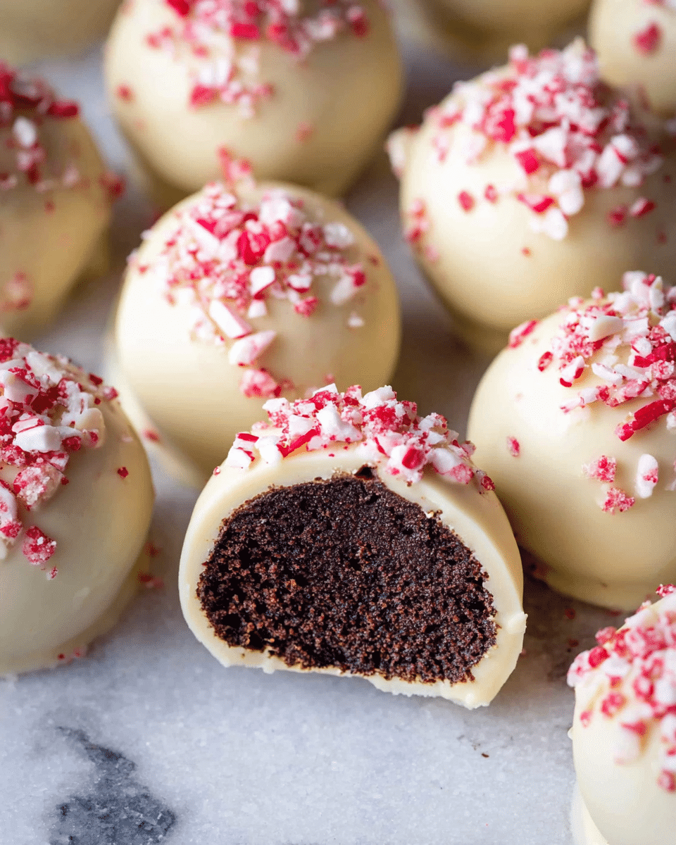 Twelve round white chocolate-covered balls are scattered on a white marbled surface. Each ball is topped with small pieces of crushed red and white candy, giving a speckled red look on top. A woman's hand is reaching from the left side to hold one of the balls, showing its smooth texture and size. Small candy crumbs are scattered around the balls, adding extra detail to the composition. photo taken with an iphone --ar 4:5 --v 7