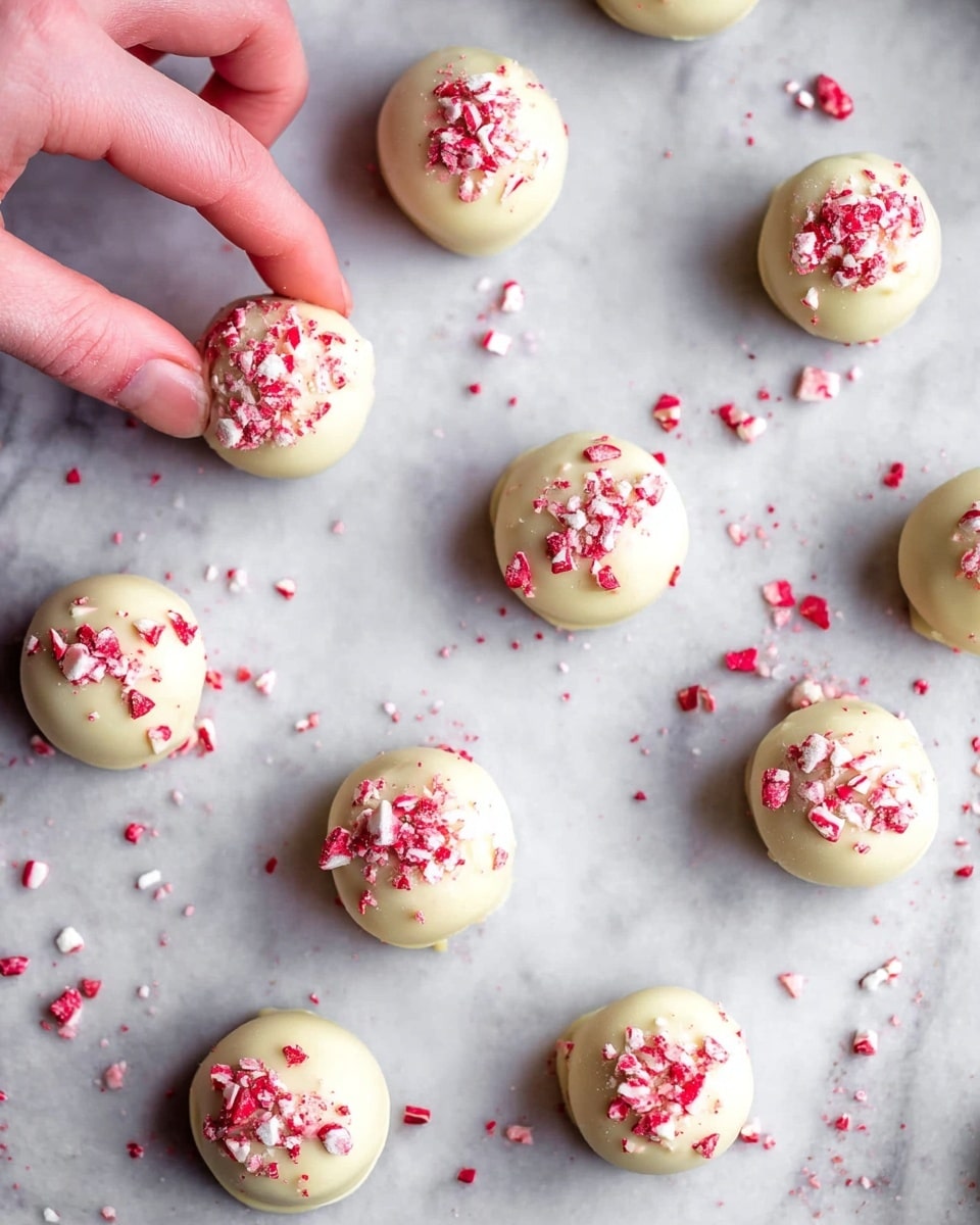 The image shows round treats covered in smooth, off-white chocolate with a shiny surface. Each treat is topped with small pieces of crushed red and white candy, adding texture and color contrast on top. One treat is bitten into, revealing a rich, dark brown, dense and crumbly inside, creating a sharp contrast against the light coating. The treats are arranged closely together on a surface with a white marbled texture. photo taken with an iphone --ar 4:5 --v 7