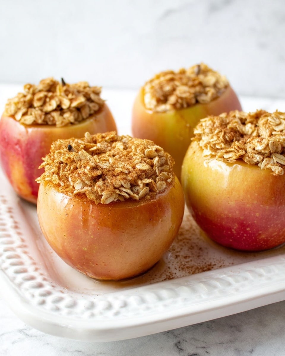 The image shows three red apples with a golden brown oat crumble topping. Each apple has been cored and filled with a thick layer of baked oats that spill slightly over the edges. The apples are shiny with a smooth skin and some spots of natural blush color. They are arranged in a row on an ornate white plate with detailed rim patterns, placed on a white marbled surface. The texture contrast between the soft apples and crumbly oat topping is clear. photo taken with an iphone --ar 4:5 --v 7