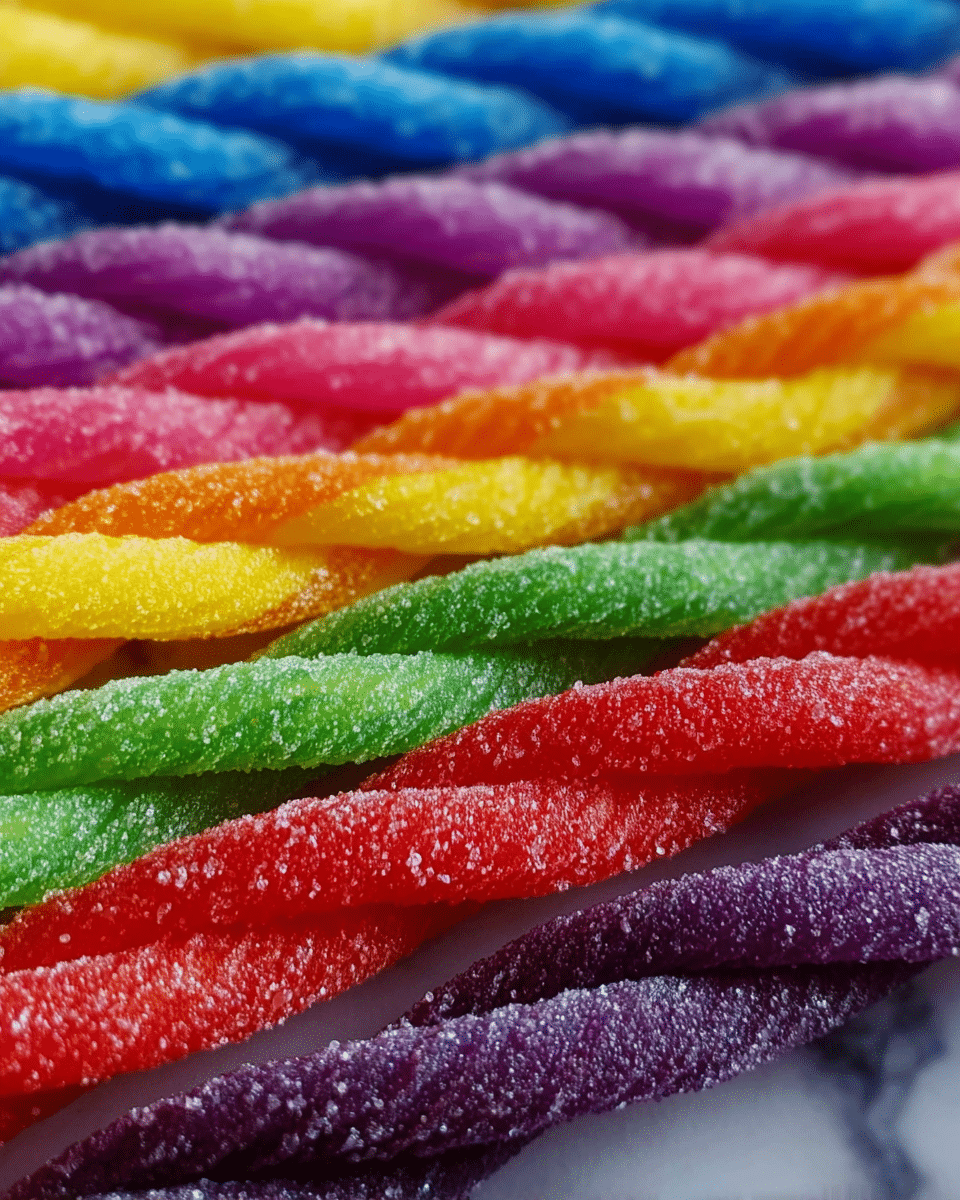 The image shows a close-up of several twisted candy ropes laid out side by side on a white marbled surface. The candy ropes have a sugar-coated texture with a shiny, slightly grainy surface. They come in layers of bright colors arranged horizontally: starting with red at the bottom, then orange-yellow, green, blue, purple, and topped with pink and yellow ropes. Each rope is thick and spiraled with visible sugar crystals that give a rough texture. The image focuses sharply on the middle ropes, showing the sugary detail clearly, while the ropes at the edges blur softly. photo taken with an iphone --ar 4:5 --v 7