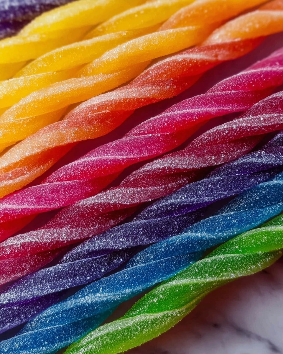 The image shows close-up twisted candy sticks arranged in horizontal rows. The sticks have a sugar coating sparkling under light. From top to bottom, the colors of the sticks include yellow, orange, purple, blue, green, red, and pink. Each candy stick has a smooth, shiny, and slightly translucent texture with visible sugar granules on the surface, giving a sparkly effect. The whole display lies on a white marbled surface, highlighting the bright and vibrant colors of the candy sticks. photo taken with an iphone --ar 4:5 --v 7