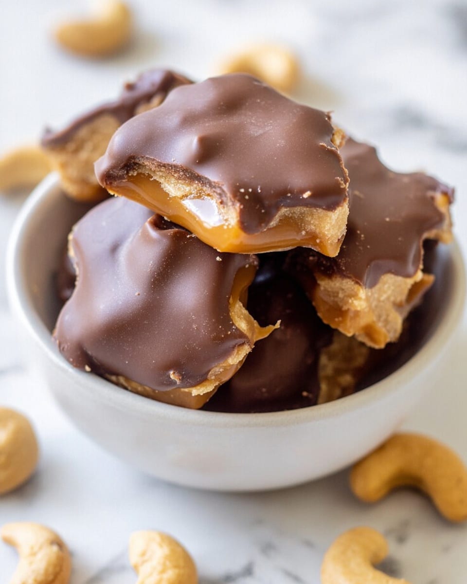 A close-up view of a white bowl filled with several small layered treats. Each treat has a base layer of light brown, slightly curved cashews. Above this is a smooth, thick caramel layer with a light golden color that slightly oozes over the edges. The top layer is a glossy, rich brown chocolate coating, unevenly spread and slightly dripping over the sides. The bowl is placed on a white marbled surface with a few cashews scattered around. The photo has a soft, natural light. photo taken with an iphone --ar 4:5 --v 7
