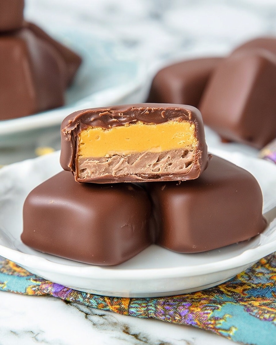 The image shows chocolate-covered square treats on a white plate placed on a colorful patterned cloth over a white marbled surface. One treat is cut in half, revealing two layers inside: a smooth, bright yellow-orange layer on top and a thicker, light brown creamy layer beneath it. The outer chocolate coating is dark brown and looks slightly glossy with a smooth texture. Two whole chocolate squares are stacked behind the cut one, showing their rounded edges and similar coating. Photo taken with an iphone --ar 4:5 --v 7