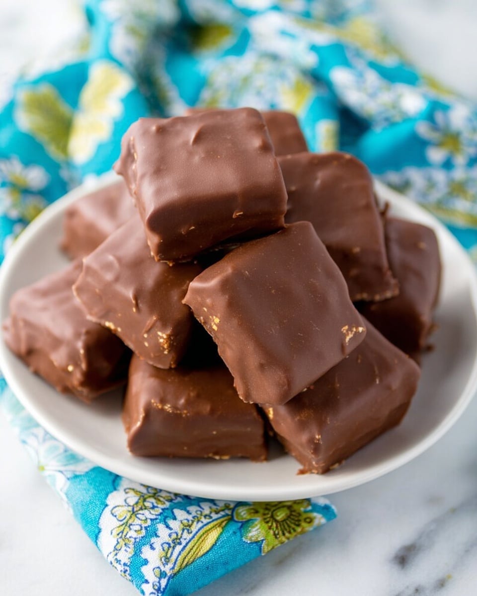 A white plate is filled with a pile of square-shaped treats covered in smooth, rich brown chocolate. Each piece has a slightly glossy surface with small, subtle cracks and tiny imperfections, giving the chocolate a natural texture. The treats are stacked unevenly, some leaning on others, showing a thick coating of chocolate. The plate sits on a colorful blue cloth with green, yellow, and white floral patterns, placed on a white marbled surface. photo taken with an iphone --ar 4:5 --v 7