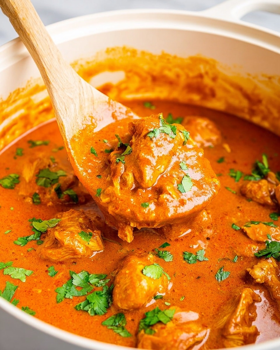 A close-up view of a thick orange curry with chunks of chicken in a white pot. The curry sauce is smooth and glossy with a rich reddish-orange color, and pieces of chicken are coated in it. Bright green chopped cilantro leaves are sprinkled on top, adding a fresh contrast. A white and wooden spoon is lifting a spoonful of the creamy curry, showing the tender texture of the chicken. The inside of the pot shows traces of the curry sauce splattered on the sides. The whole scene is set on a white marbled texture. photo taken with an iphone --ar 4:5 --v 7