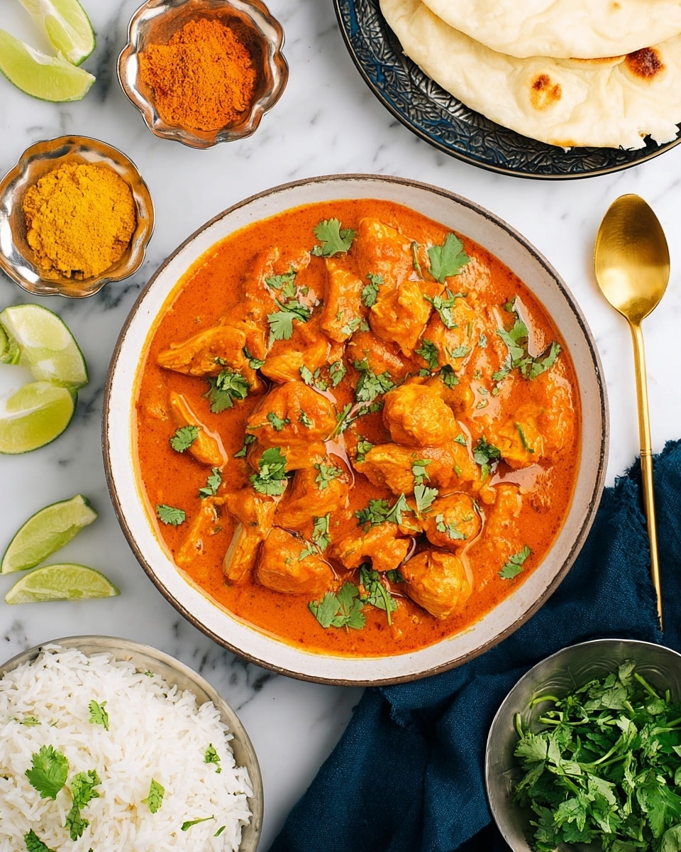 A deep white bowl filled with rich orange curry containing chunks of tender chicken, topped with scattered green cilantro leaves, sitting on a white marbled surface. Surrounding the bowl are lime wedges in the top left and bottom right, two small white bowls of bright orange and yellow spices to the left, a small metal bowl of white rice with torn white flatbread partly beneath it on the upper right, a golden spoon resting on the lower left corner, and a small white bowl with fresh green parsley on a dark blue cloth at the bottom right. photo taken with an iphone --ar 4:5 --v 7