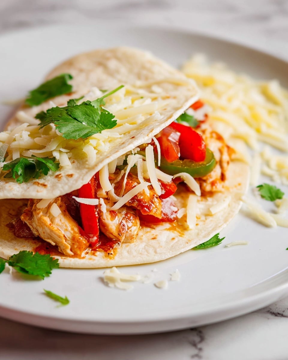 A soft white tortilla folded in half sits on a white plate with some scattered shredded white cheese and green cilantro leaves around it. Inside the tortilla, there are layers of cooked chicken pieces with a light brown color, bright red bell pepper strips, green pepper pieces, fresh diced red tomatoes, and bits of white cheese. The ingredients appear fresh and moist, with the vegetables adding color and texture on top of the chicken. The plate rests on a white marbled surface. photo taken with an iphone --ar 4:5 --v 7