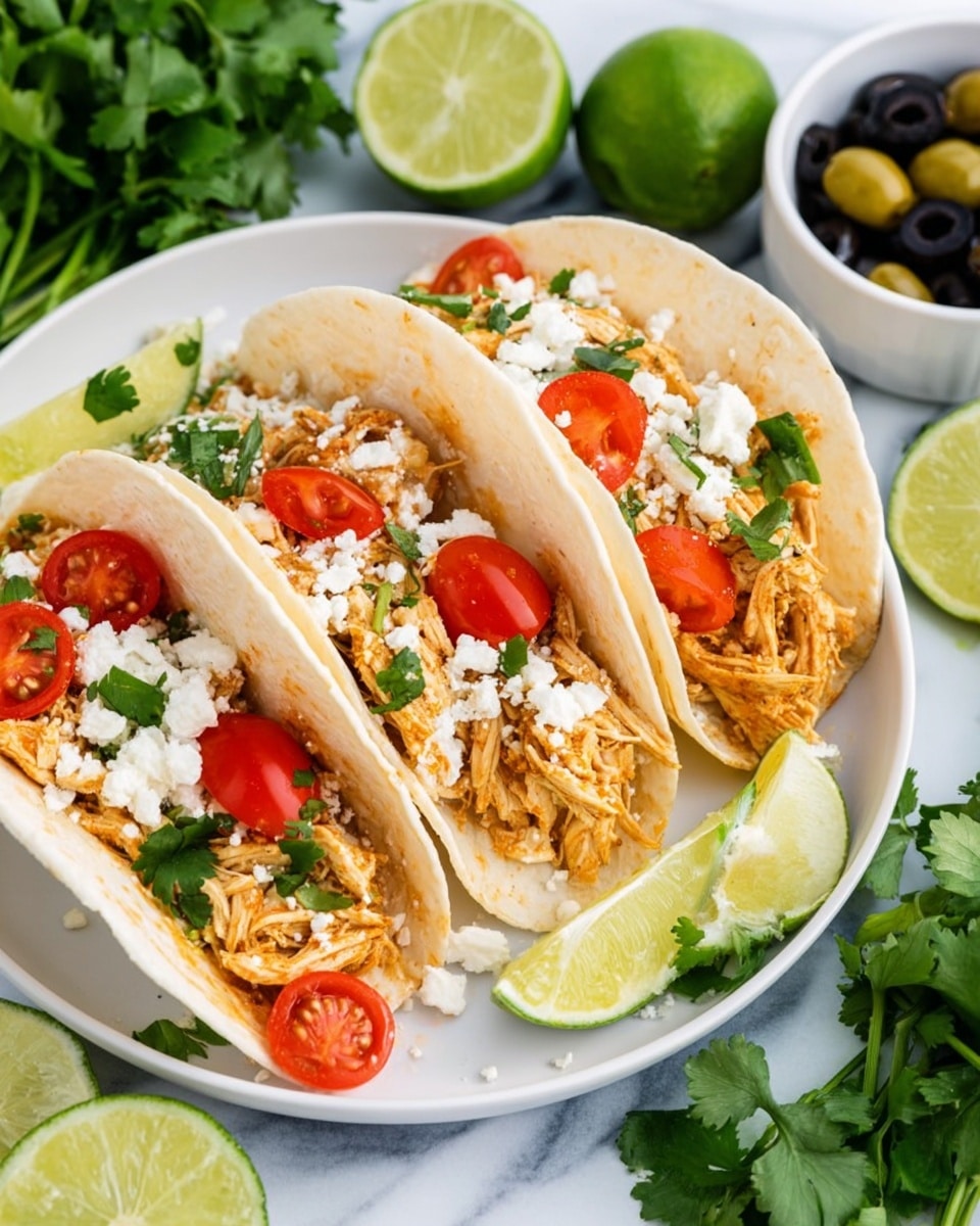 Three soft white tortillas stand upright on a white plate with shredded light orange chicken as the first layer inside each. On top of the chicken, bright red halved cherry tomatoes and white crumbly cheese are spread evenly. Small green cilantro leaves are sprinkled throughout, and each taco is finished with a thin, round slice of lime placed on top near the front of the tortillas. The plate is set on a white marbled surface, with fresh green cilantro leaves and a white bowl of black olives nearby, adding fresh and vibrant colors to the scene. photo taken with an iphone --ar 4:5 --v 7