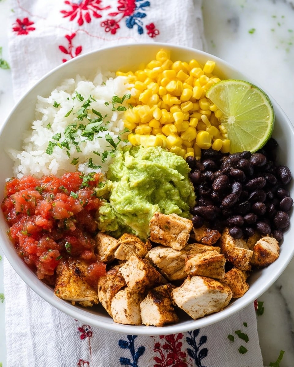 A white bowl on a white marbled surface holds a colorful layered dish with six main parts. Starting from the top left, there is fluffy white rice, topped with small green herb bits. To the right of the rice, bright yellow corn kernels with some green herb sprinkles sit beside a fresh lime wedge. Below the lime and corn is chunky red salsa with hints of green herbs. Beneath the salsa, there is a generous scoop of light green guacamole with a creamy texture. On the left side, next to the rice, are dark shiny black beans. In the center of the bowl and spreading towards the bottom is grilled chicken, cut into bite-sized pieces with a light brown and slightly charred surface. The bowl rests on a white cloth with red and blue embroidered designs. Photo taken with an iphone --ar 4:5 --v 7