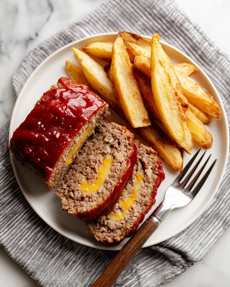 A white plate sits on a white marbled surface with two thick slices of meatloaf wrapped in a dark reddish sauce, each slice showing a spiral of browned ground meat and bright yellow melted cheddar cheese inside. To the side of the meatloaf, a pile of golden-brown, thick-cut fries rests, glistening slightly with oil and small salt flakes. Next to the plate is a silver fork with a wooden handle, resting on a gray and white striped cloth. Photo taken with an iphone --ar 4:5 --v 7
