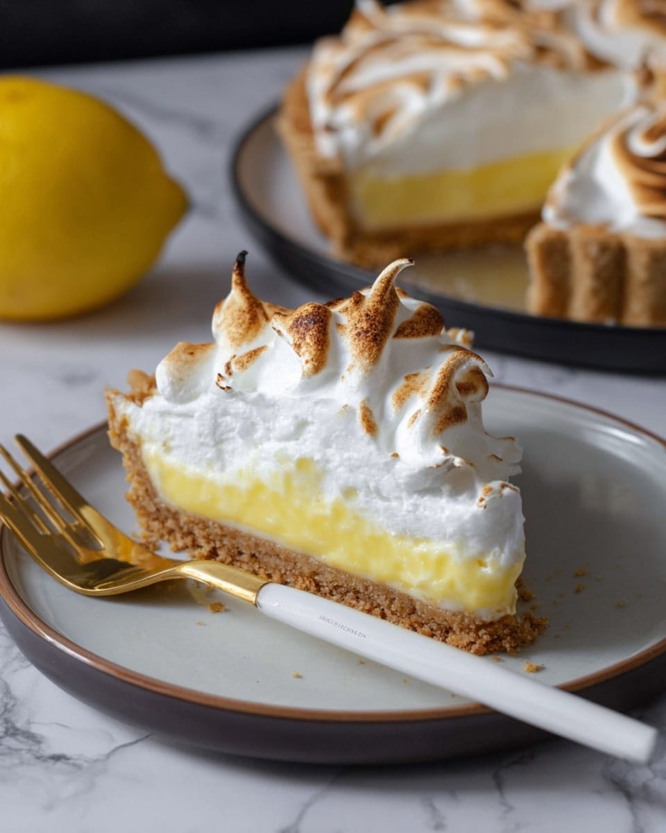 A slice of lemon meringue pie sits on a white round plate with a smooth glossy finish, showing three layers: a crumbly light brown crust base, a thick pastel yellow lemon filling in the middle, and a high fluffy white meringue peak layer on top with toasted golden brown tips. The meringue has textured peaks and swirls. A gold fork with a white handle rests at the edge of the plate. In the background on the white marbled surface, the rest of the pie is partly visible on another white round plate, along with a whole yellow lemon nearby. Photo taken with an iphone --ar 4:5 --v 7