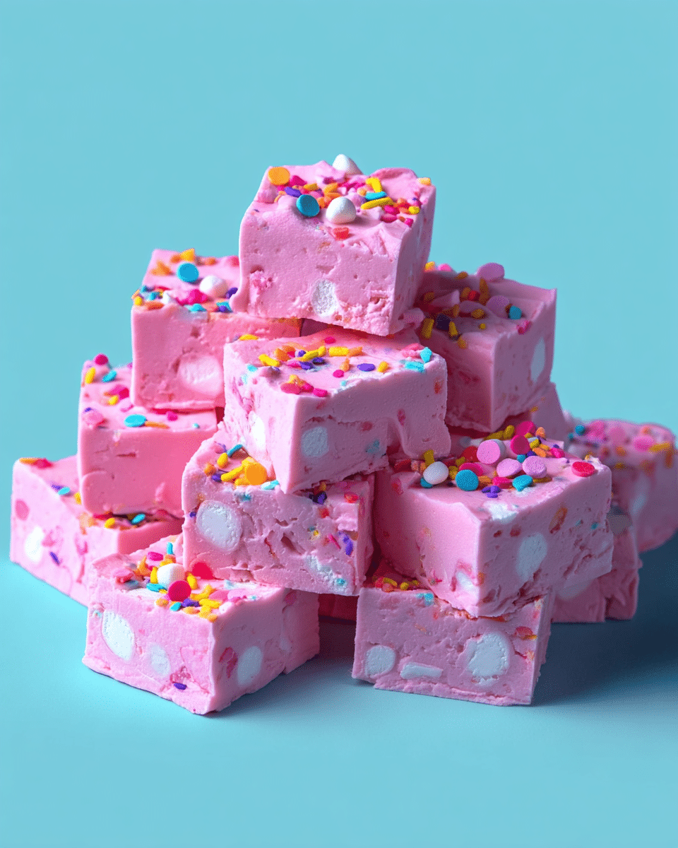 A pile of soft, pink fudge squares stacked neatly in a pyramid shape, each piece showing a smooth texture with small white marshmallow bits embedded inside and colorful round sprinkles scattered on top. The fudge pieces have clean edges and a slightly glossy surface, set against a light blue backdrop. Photo taken with an iphone --ar 4:5 --v 7