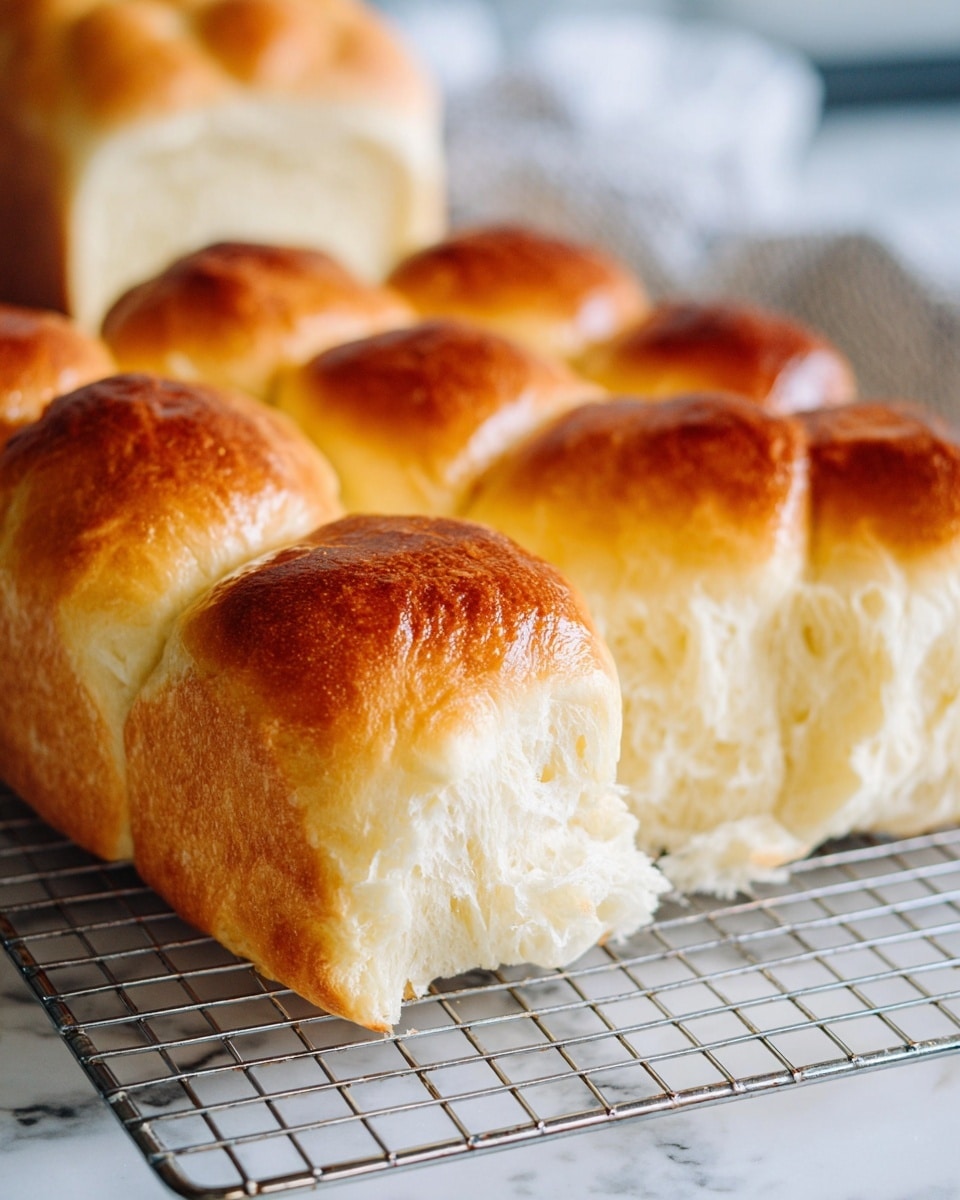 The image shows a close-up of a group of seven soft, fluffy bread rolls closely packed together on a metal cooling rack. Each roll has a golden brown, glossy top with a slightly darker shade on the rounded surface, transitioning to a pale cream-colored, airy inside. One roll is partially pulled away from the group, showing its light, soft texture and tear-like strands. In the blurry background, a loaf of white bread is visible on the left side. The whole scene is set on a white marbled textured surface. photo taken with an iphone --ar 4:5 --v 7
