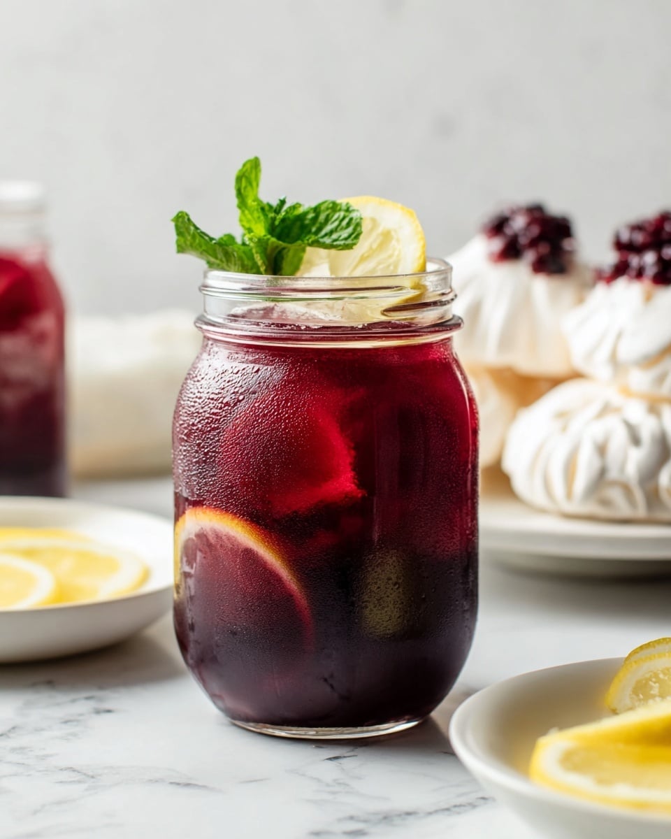 Three small clear glass jars are filled with a dark reddish-purple drink, each with ice cubes inside and a slice of lemon visible through the liquid. On top of each jar is a fresh green mint sprig as garnish. The jars are placed side by side on a white marbled surface. In the blurred background, there is a white plate with some pastries topped with white cream and dark berries, and a pile of yellow lemons. The jars show condensation on the outside, giving a fresh, cold appearance. photo taken with an iphone --ar 4:5 --v 7