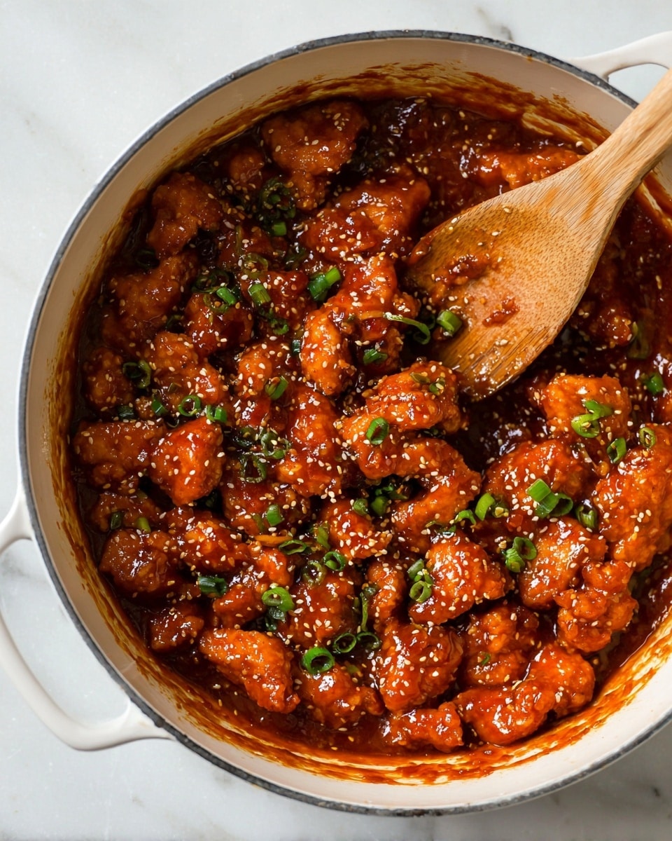 The image shows a close-up of a white pan filled with crispy chicken pieces coated in a thick, glossy orange-red sauce. The chicken pieces have a rough, crunchy texture and are mixed with a few small slices of fresh green onions scattered on top. White sesame seeds are sprinkled evenly over the dish, adding texture and contrast. On the right side of the pan, a wooden spoon is partially stirring the chicken, showing the sauce’s shiny, sticky consistency. The background is a white marbled surface. photo taken with an iphone --ar 4:5 --v 7