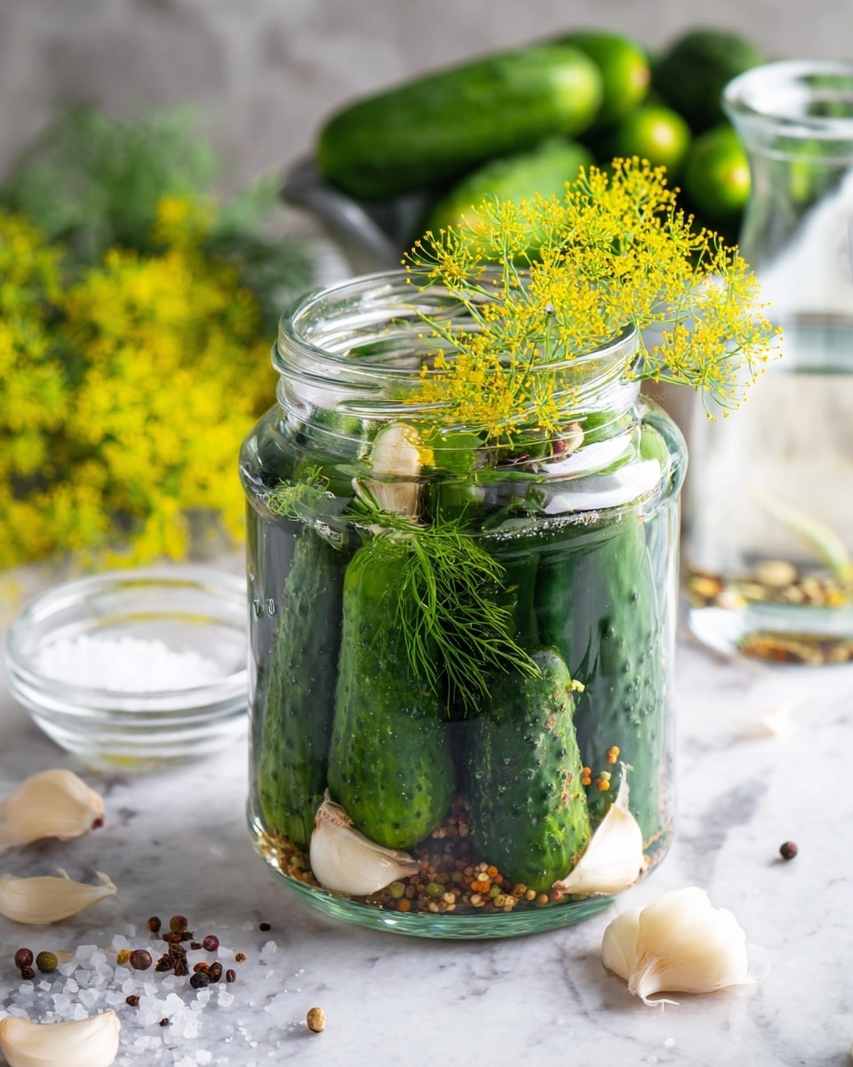 The image shows a clear glass jar filled with several small green cucumbers, layered closely inside the jar along with whole garlic cloves and sprigs of dill flowers with their bright yellow blossoms at the top. There are various spices like mustard seeds and peppercorns scattered throughout the jar. The jar is placed on a white marbled surface, surrounded by a few garlic cloves and scattered spices. In the soft-focused background, more fresh cucumbers sit in a container and a small clear glass bowl filled with coarse salt and a glass pitcher of water are visible. The scene has a fresh, natural feeling. photo taken with an iphone --ar 4:5 --v 7