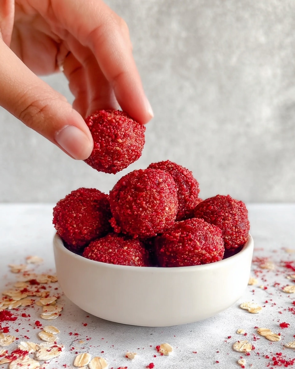 A small pile of round, bright red snack balls coated with a coarse, crumbly texture sits inside a white bowl, filled nearly to the top. A woman's hand is reaching into the bowl, gently picking up one of the snack balls between thumb and forefinger. The surface around the bowl is a white marbled texture scattered with small white flakes and light beige oat pieces, along with tiny bits of the same red crumbly coating from the snack balls. Photo taken with an iphone --ar 4:5 --v 7