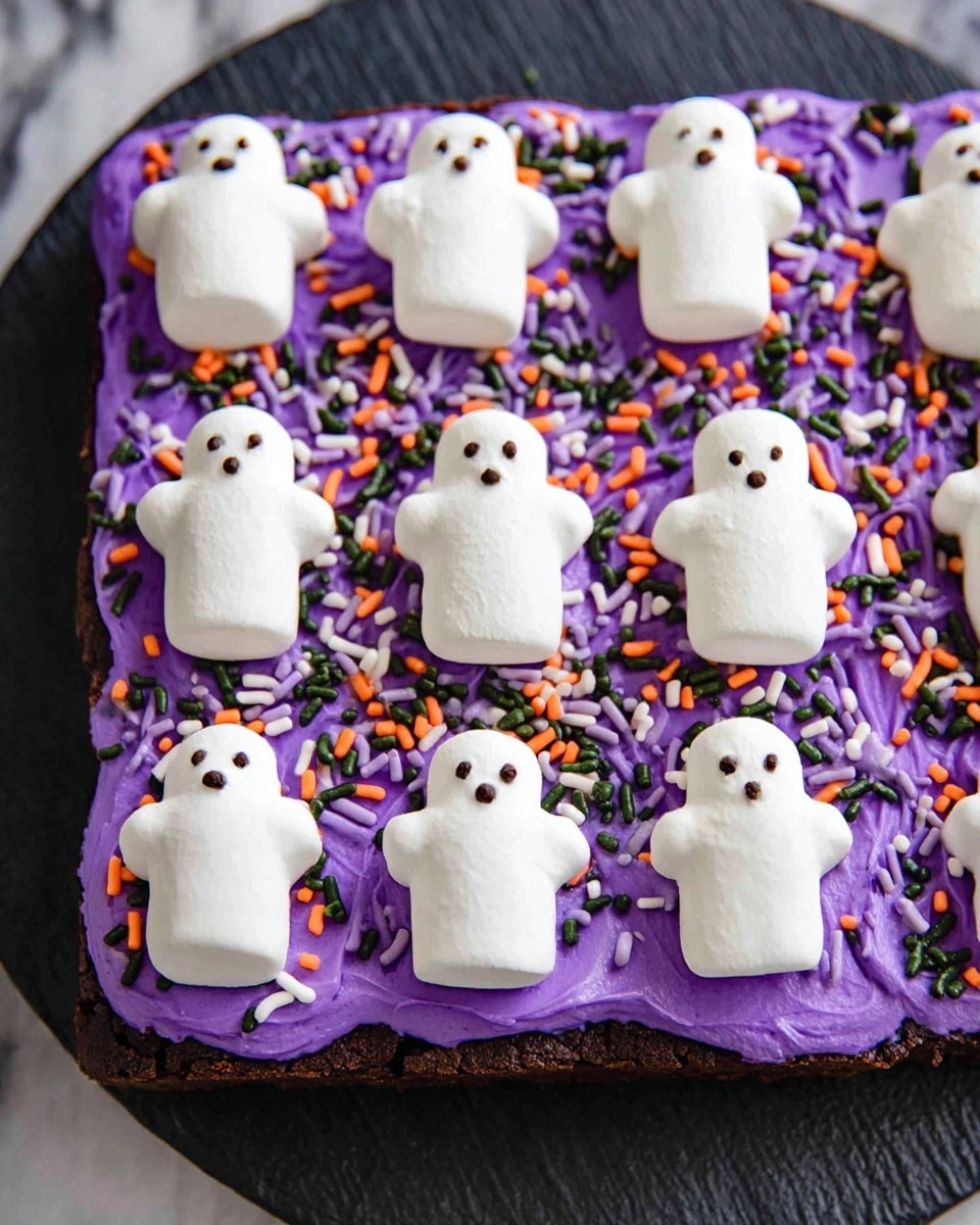 This image shows a square chocolate brownie base topped with a smooth, thick layer of bright purple frosting spread evenly over the top. On top of the purple frosting, there is a colorful mix of small, round and stick-shaped sprinkles in orange, green, black, white, and lavender colors scattered all over. Sitting on top of this sprinkle layer are nine large, white ghost-shaped marshmallows placed evenly in rows, each with small dark brown dots for eyes and mouth, giving them a cute expression. The whole brownie is placed on a dark surface with a white marbled texture visible in the background. photo taken with an iphone --ar 4:5 --v 7