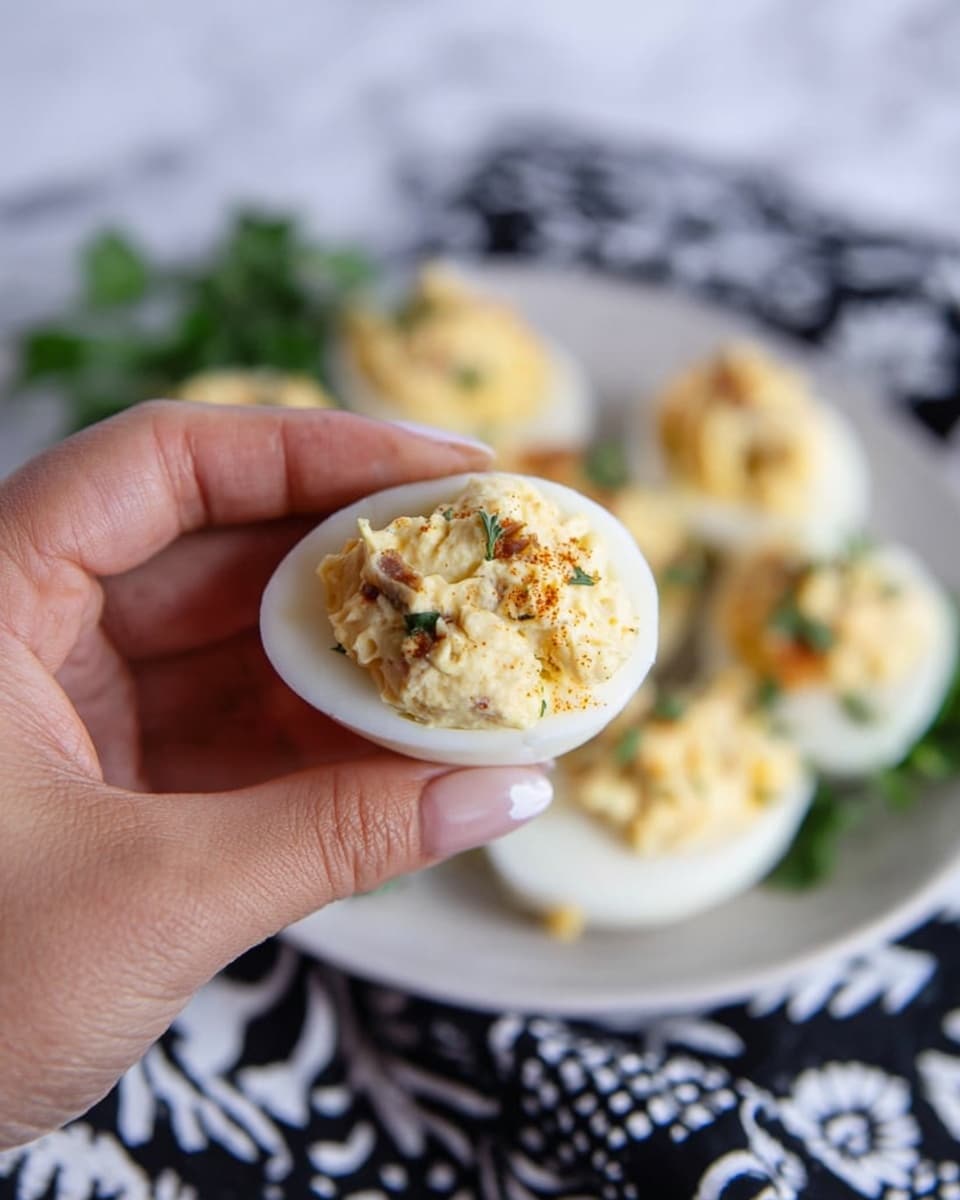 A woman's hand is holding a deviled egg half, which is made of a smooth white egg white base filled with a creamy, light yellow mixture that has a slightly chunky texture with small brown bits scattered throughout. In the background, several more deviled eggs with similar filling are visible on a white plate with some green herbs as garnish. The scene is set on a white marbled textured surface with a black and white patterned cloth underneath. photo taken with an iphone --ar 4:5 --v 7