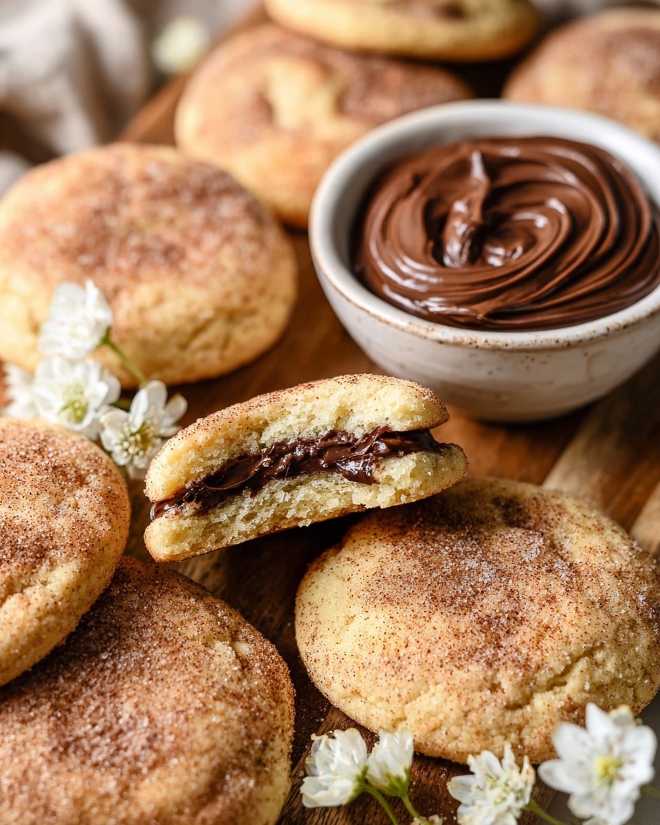 Round cookies with a light brown color coated evenly with cinnamon sugar, arranged in a circle on a round metal cooling rack in the center of a white marbled surface. Additional cookies are scattered around the cooling rack on the surface, showing soft, slightly cracked tops. A small white bowl filled with melted chocolate is placed near the bottom right with a few chocolate smears next to it. A white dish containing more cinnamon sugar is on the left side. A blue cloth is partially visible near the top left with a few small white flowers and a single red flower placed around the edges. photo taken with an iphone --ar 4:5 --v 7