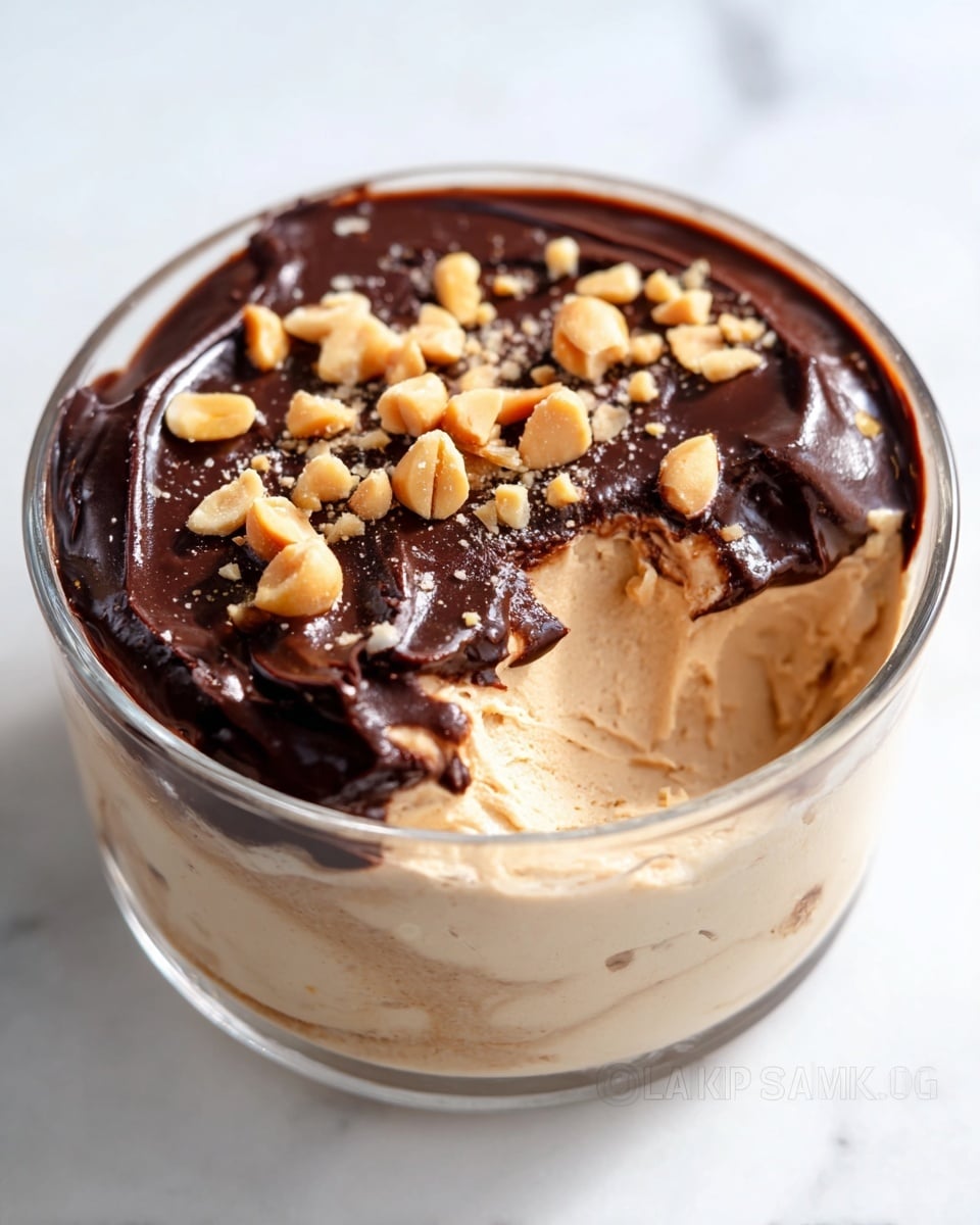 This dessert is served in a clear glass round container, showing two main layers. The bottom layer is thick, creamy, and light beige in color with smooth texture, while the top layer is dark brown chocolate, slightly melted and glossy, appearing rich and dense. The chocolate layer is sprinkled with small pieces of chopped nuts that are pale yellow with a slight toasted look. The dessert is slightly scooped on one side, showing some mixing of the chocolate and beige layers inside. The background is a white marbled surface. Photo taken with an iphone --ar 4:5 --v 7
