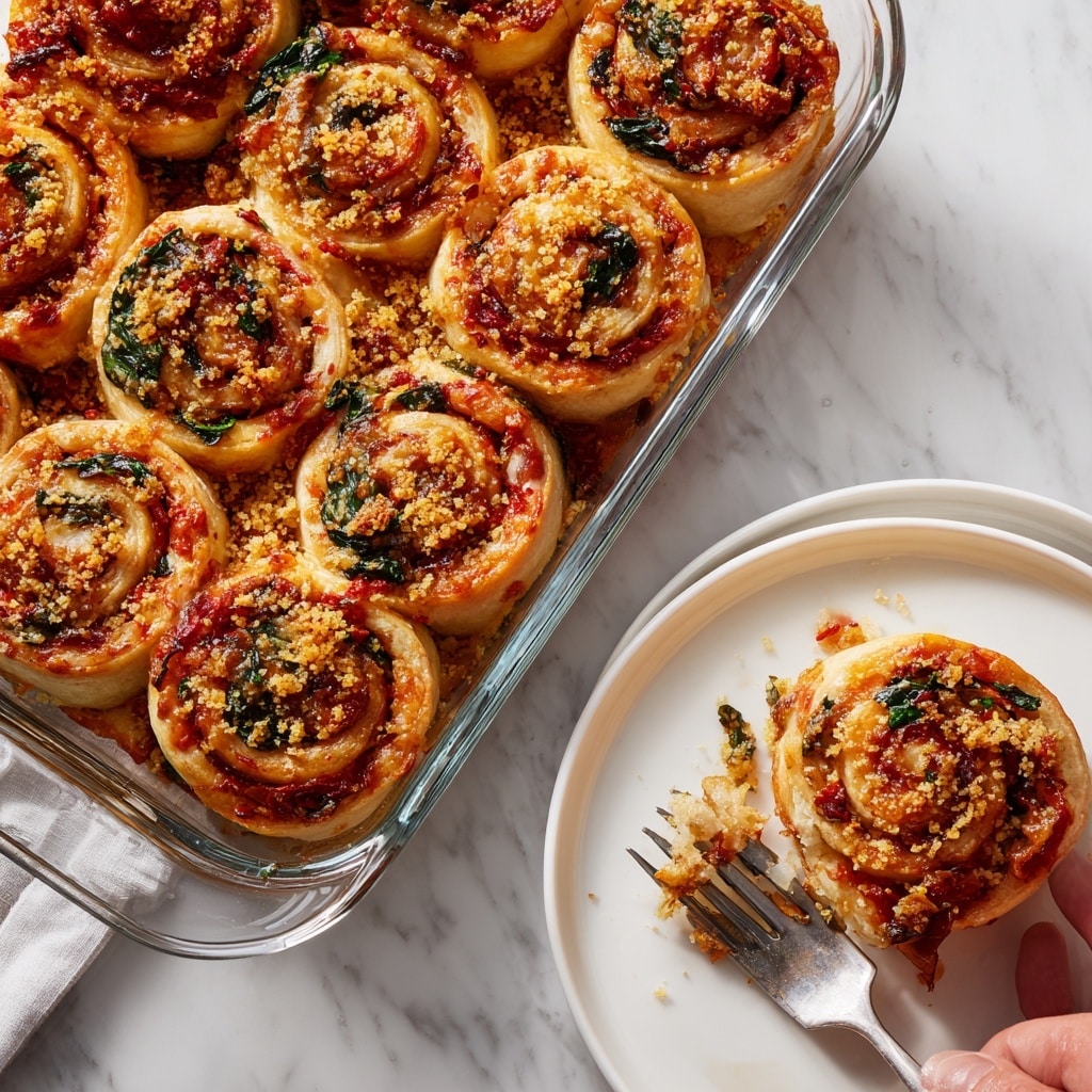 The image shows golden brown pizza rolls tightly packed in a clear glass baking dish on a white marbled surface. Each roll has a spiral shape with visible layers including a light tan dough outer layer with a slightly crusty texture, a thin red tomato sauce layer, scattered dark green spinach leaves, and bits of caramelized onion with a golden-brown hue inside. The tops of the rolls appear slightly brushed with oil and sprinkled with a crumbly yellow topping. In the foreground, one pizza roll is served on a white plate, revealing its soft, fluffy inside with the same colorful layers, and a woman's hand holding a silver fork is visible beside it. Photo taken with an iphone --ar 4:5 --v 7