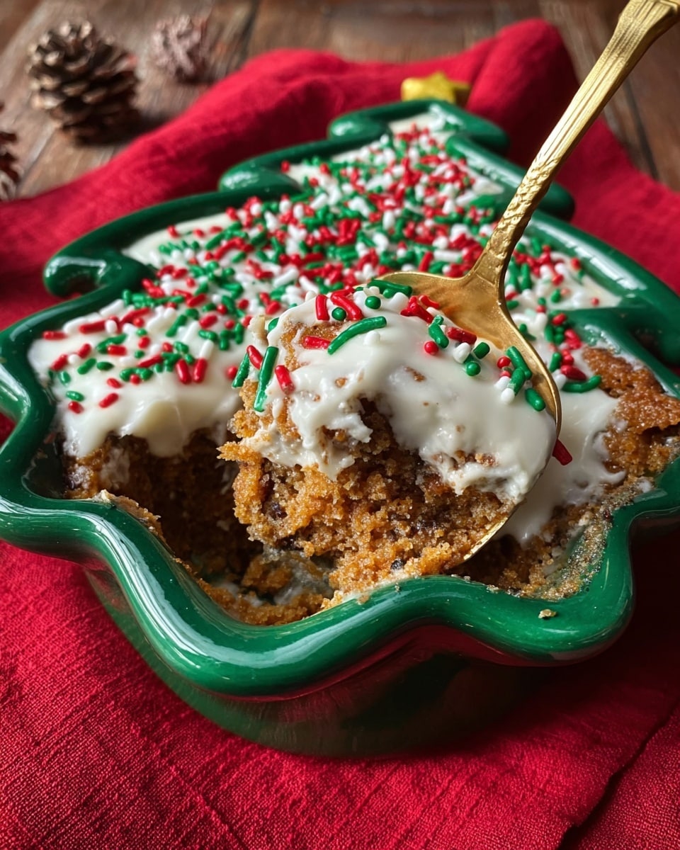 The image shows a Christmas tree-shaped green ceramic dish filled with a thick, brown cake-like dessert that has a rough texture and appears moist. On top, there is a layer of white icing that is smooth and spread evenly, decorated with red, green, and white long sprinkles scattered all over. A gold spoon is partly inside the dessert, scooping a big piece, showing the inside texture of the dessert. The dish is placed on a red cloth, and the surface under it has a wooden texture. Photo taken with an iphone --ar 4:5 --v 7