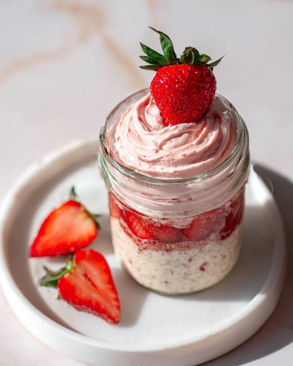 The image shows a small clear glass jar with three visible layers. The bottom layer is creamy with many small black chia seeds, light beige in color and slightly textured. The middle layer is a bright red, juicy strawberry puree with a slightly chunky texture spread unevenly, blending into the first layer. The top layer is a smooth, light pink cream that looks fluffy and soft, with some red strawberry sauce drizzled on it. A fresh strawberry half with its green leaves still attached sits on top of the cream, slightly tilted. The jar is placed on a white marbled surface with fresh strawberries around it, and the background is a soft pink color. photo taken with an iphone --ar 4:5 --v 7