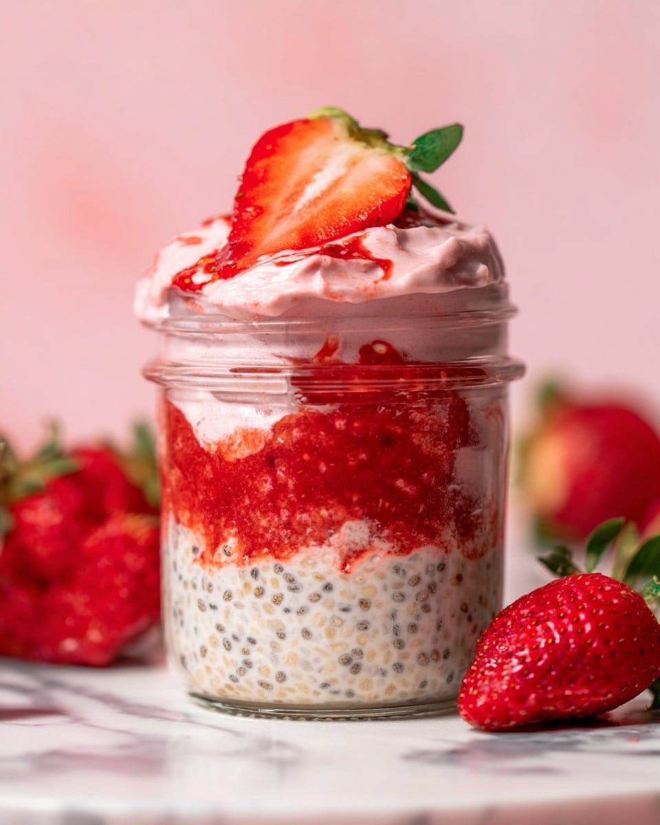 The image shows a small glass jar with four visible layers inside. The bottom layer is pale with tiny dark seeds, creamy and smooth in texture. Above it is a bright red layer of soft, sliced strawberries. The third layer is again the pale creamy seed mixture. The top layer is light pink whipped cream with a smooth and swirled texture. A fresh half strawberry with green leaves is placed upright on top of the cream. The jar sits on a white plate with a white marbled texture, next to another half strawberry laying flat. Photo taken with an iphone --ar 4:5 --v 7