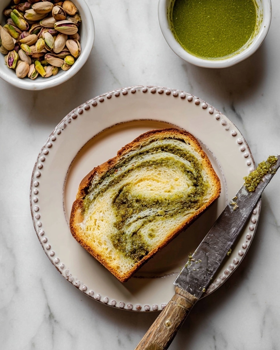 A single slice of swirled bread is placed in the center of a white plate with a detailed rim, showing three layers of soft yellow bread intertwined with three uneven green pesto layers. The outer crust is golden brown and slightly crisp. To the right of the plate lies a knife with a rustic wooden handle. Above the plate, there are two small white bowls, one filled with shelled pistachios and the other with a smooth green pesto sauce, all set on a white marbled surface. photo taken with an iphone --ar 4:5 --v 7