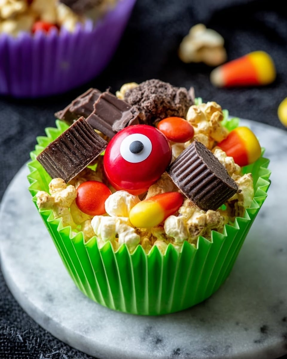 The image shows a single green cupcake liner filled with a mix of various small snacks. The bottom layer includes smooth, round popcorn pieces that are light yellow and fluffy. Above these are chunks of dark brown chocolate, some in small bar shapes and others shaped like miniature cups with ridged sides. Scattered throughout are shiny candy-coated chocolates in bright red, orange, and yellow colors, with one large red candy in the center featuring a single large white and black eye design. The cupcake liner sits on a white marbled surface, with another purple liner blurred in the background. Photo taken with an iphone --ar 4:5 --v 7