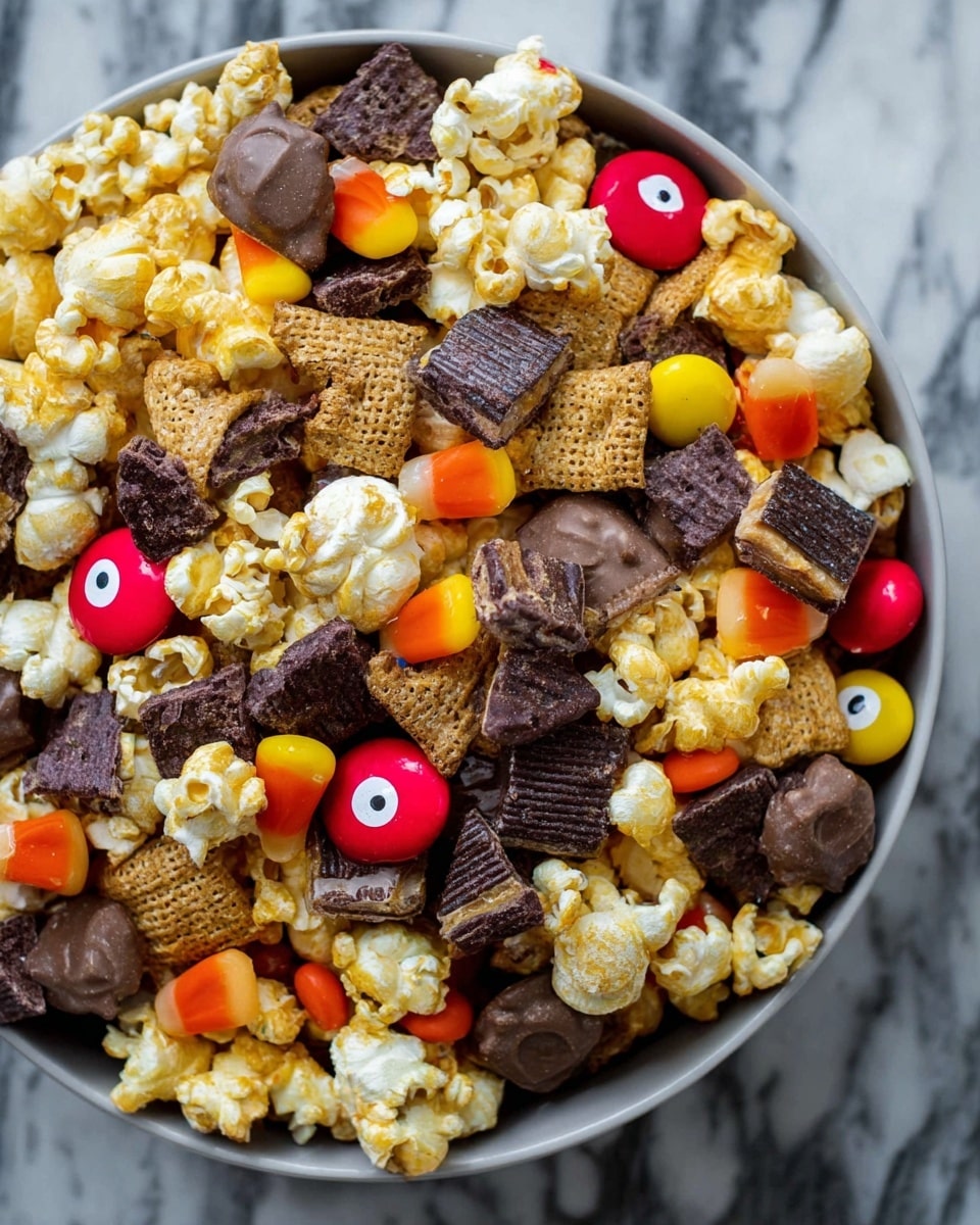 The image shows a bowl filled with a snack mix featuring multiple textures and colors. The mix includes light yellow popcorn with a shiny caramel coating, square and triangular pieces of dark brown chocolate cereal, round orange and yellow candy-coated chocolates, and small chocolate peanut butter cups. Some red candy-coated chocolates with white and black eye-like designs are scattered throughout, adding a playful touch. The bowl holding the mix is white and rests on a white marbled surface. Photo taken with an iphone --ar 4:5 --v 7