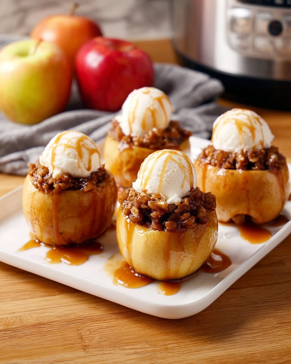 Four baked apples are placed on a white rectangular plate with a white marbled texture underneath. Each apple is hollowed out and filled with a dark brown nutty mixture. On top of the filling, there is a round scoop of white ice cream drizzled with light brown caramel sauce. The apples have a soft, slightly wrinkled golden skin. In the background, whole red and yellow apples and a gray cloth rest on the white marbled surface, with a silver kitchen appliance to the right. The overall look is warm, cozy, and inviting, with the caramel sauce lightly pooling on the plate. photo taken with an iphone --ar 4:5 --v 7