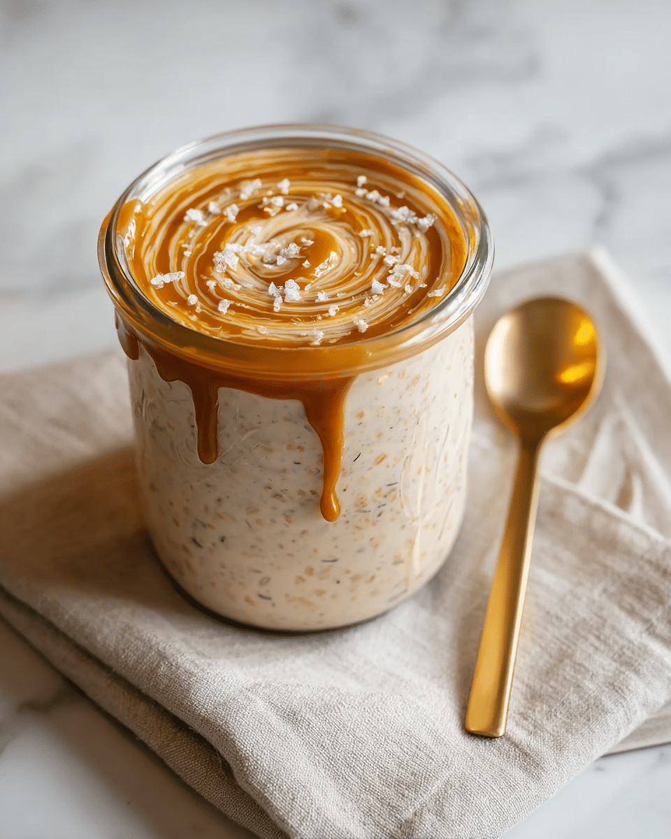 A clear glass jar filled with creamy beige overnight oats mixed with small dark specks, topped with a smooth caramel swirl forming a round pattern on the surface, which is sprinkled with coarse white sea salt flakes; the caramel sauce is also dripping down the side of the jar. The jar sits on a light beige cloth napkin placed on a white marbled texture surface. To the right of the jar, there is a shiny gold spoon resting on the napkin. Photo taken with an iphone --ar 4:5 --v 7