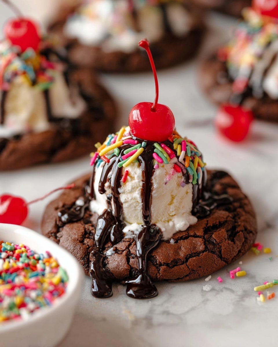 A close-up of a rich dark brown chocolate cookie with cracks on its surface forms the bottom layer, topped with a round scoop of creamy white vanilla ice cream. The ice cream is decorated with colorful, small cylindrical sprinkles and drizzled generously with shiny, dark chocolate sauce in thin lines flowing down the sides. On top of the ice cream, there is a glossy, bright red maraschino cherry with its stem facing up. Another cherry lies on the white marbled surface next to the cookie. In the foreground, a white bowl filled with more colorful sprinkles is partially visible. The background also shows blurred similar cookies topped with ice cream and sprinkles. Photo taken with an iphone --ar 4:5 --v 7