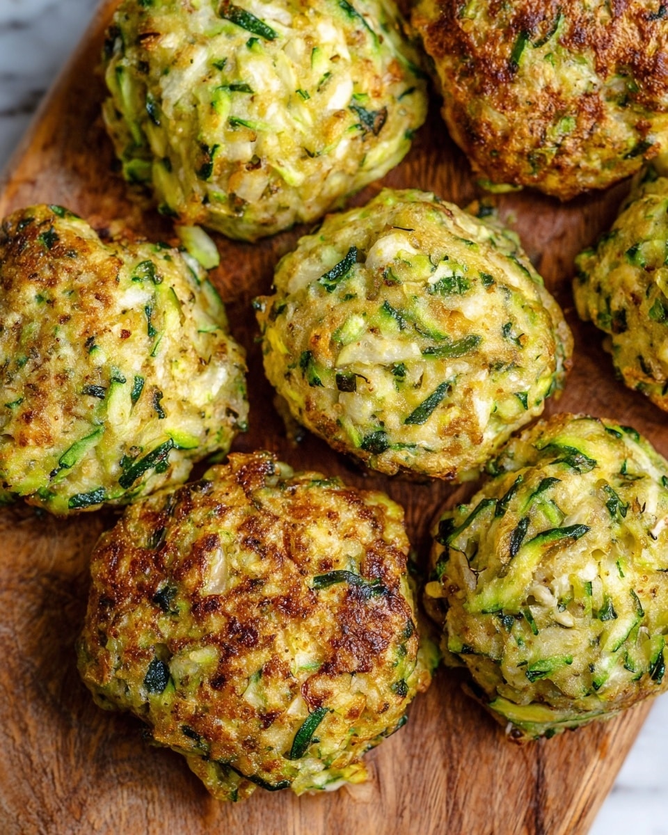 The image shows several golden-brown zucchini fritters arranged closely on a wooden board. Each fritter has a rough, slightly crumbly texture with visible green zucchini strands and small bits of herbs mixed throughout. Their shape is round but uneven, showing a homemade look with a crisp outer layer and moist interior. The background is a white marbled texture, which softly contrasts with the warm tones of the fritters and board, giving a fresh and natural feel to the presentation. photo taken with an iphone --ar 4:5 --v 7