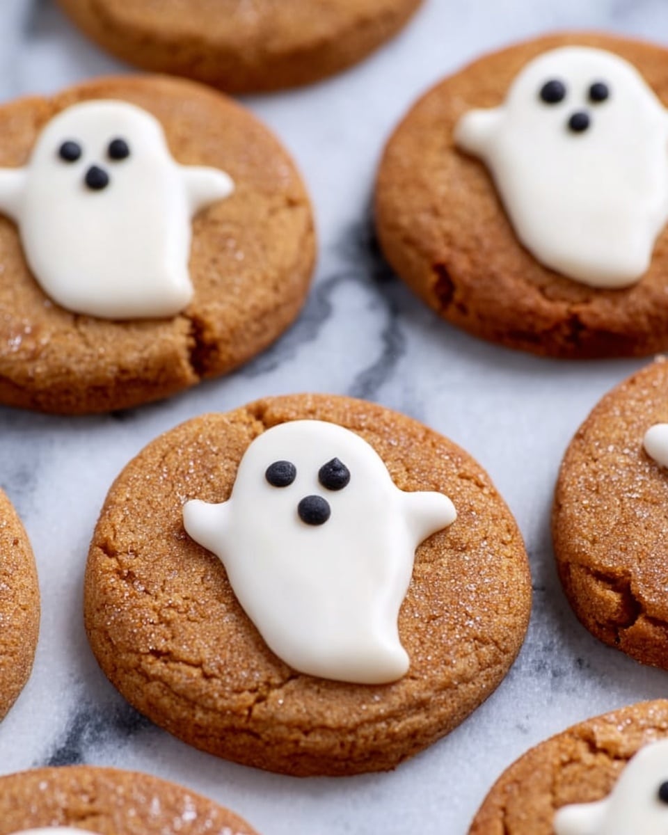 The image shows several soft brown cookies with a slightly cracked texture, each topped with a small ghost shape made of smooth white icing placed in the center. The ghost shapes have three small, round black dots for eyes and a mouth, giving a simple but cute face to each ghost. The cookies are set closely together on a white marbled surface with a subtle pattern visible below them. photo taken with an iphone --ar 4:5 --v 7