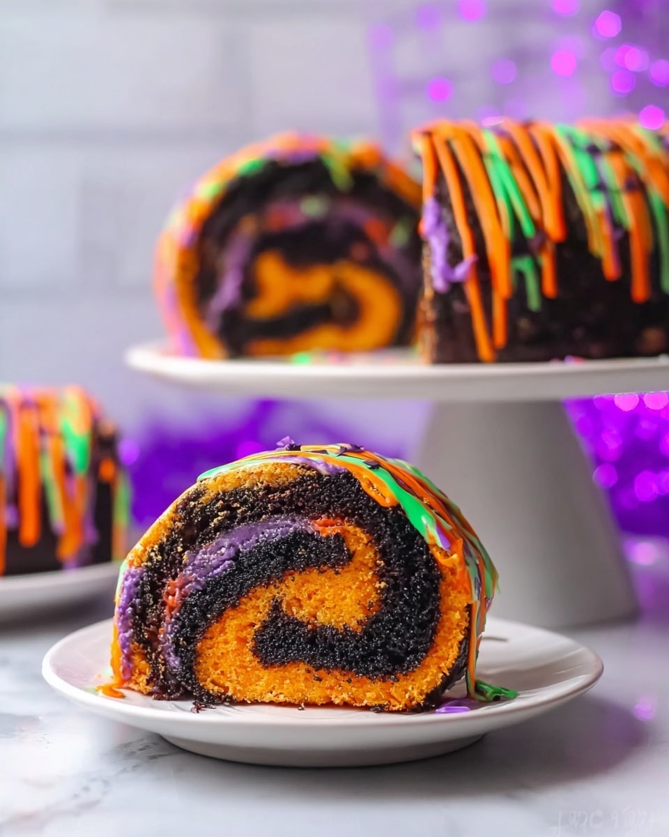 The image shows a slice of a rolled cake with three visible layers inside: a bright orange layer, a dark black layer, and a small purple section, all swirled together in a spiral pattern. On top, colorful icing is drizzled in thick strands with bright orange, green, and purple colors, creating a textured and fun look. The cake slice sits on a small white round plate, placed on a white marbled surface. Behind, there is a white round cake stand holding several more slices of the same cake, decorated identically with bright icing drizzles. The background has a soft, blurred look with faint purple lights, giving a festive feel. Photo taken with an iphone --ar 4:5 --v 7