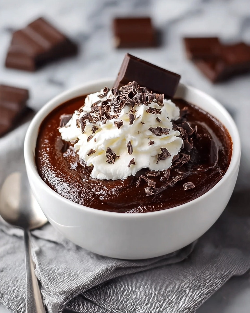 A white bowl filled with a thick, glossy dark brown chocolate pudding as the bottom layer, topped with a swirl of fluffy white whipped cream in the center, then scattered with small dark chocolate shavings and a larger chunk of dark chocolate resting on one side of the whipped cream. The bowl sits on a light grey cloth on a white marbled surface, with blurred pieces of dark chocolate in the background and a silver spoon beside the bowl. photo taken with an iphone --ar 4:5 --v 7