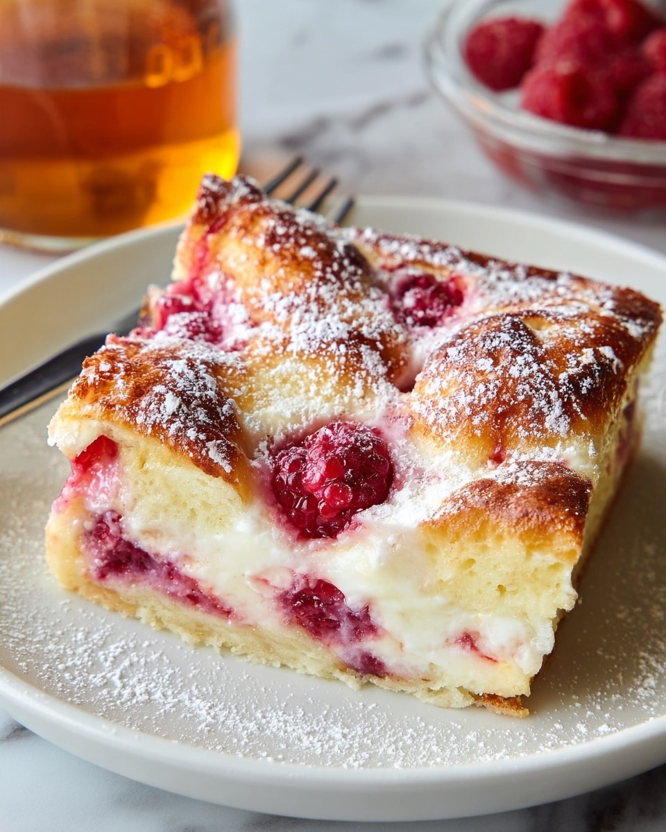 A square piece of dessert on a white plate shows three visible layers: a bottom light golden crust, a middle creamy white layer with hints of pink from berry juice, and a top layer of golden-brown toasted dough patches interspersed with bright red raspberries. The dessert is dusted with white powdered sugar that also sprinkles the plate. A silver fork rests behind the dessert on the plate, and a clear jar filled with amber-colored liquid is blurred in the background over a white marbled texture. Photo taken with an iphone --ar 4:5 --v 7