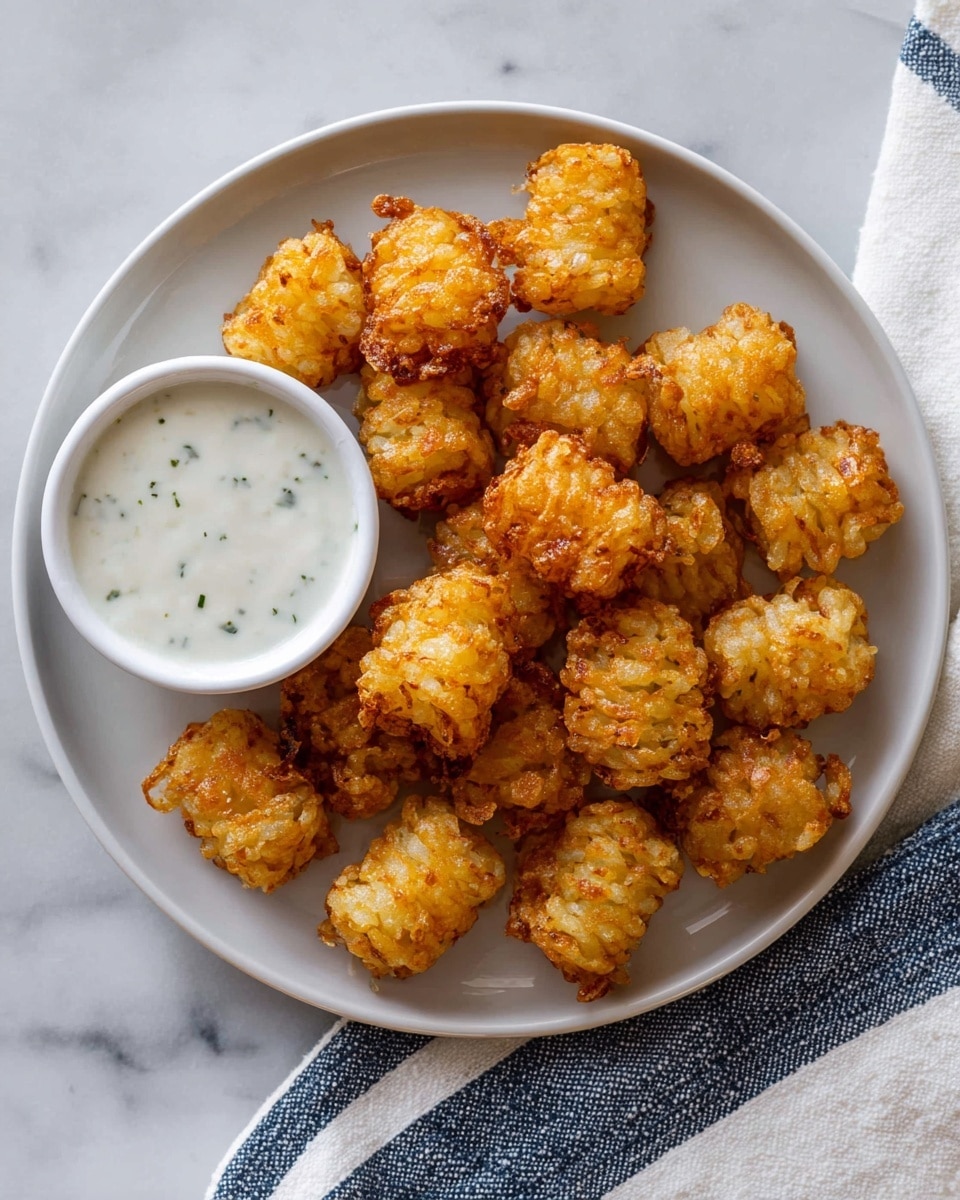A white plate holds nine golden-brown, crispy tater tot-like pieces arranged loosely in a circle, each piece made of small cubed potato bits fried to a crunchy texture, with some edges slightly darker showing extra crispiness. On the left side of the plate, there is a small white ramekin filled with creamy white ranch dressing that has small green herb flecks floating inside. The plate sits on a white marbled texture surface with a white cloth featuring thin black stripes partially seen on the right side. Photo taken with an iphone --ar 4:5 --v 7