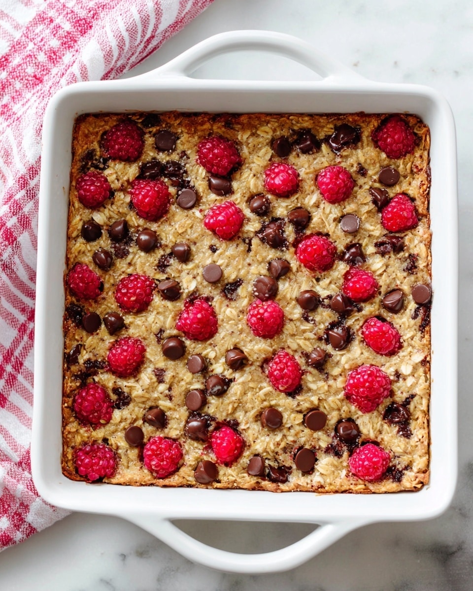 A square piece of baked oatmeal bar sits on a white speckled plate with scattered chocolate chips and raspberries on top. The oatmeal bar has two visible layers: a golden-brown oat base mixed with dark chocolate chips and bright red raspberries, and a textured, crumbly surface. A dollop of white cream is on top of the bar with a single raspberry and some chocolate chips on it. In front, a gold fork holds a bite-sized piece showing the soft oatmeal and fruit inside. The plate is on a white marbled surface with a glass container of dark syrup in the background. photo taken with an iphone --ar 4:5 --v 7