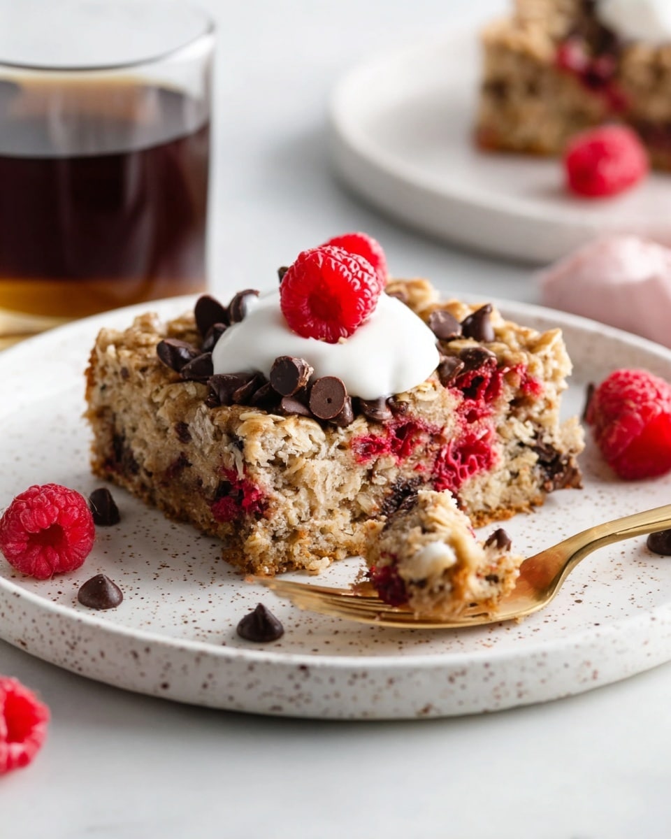 A baked oatmeal square in a white square baking dish with thick edges and handles. The top layer is golden brown oatmeal with scattered chocolate chips in dark brown and bright red raspberries evenly spread across the surface, some partially sunken into the oatmeal. The texture looks soft and moist with visible oats and melted chocolate spots. There is a white marbled surface beneath the dish and a red and white checkered cloth partially under the baking dish in the upper left corner. Photo taken with an iphone --ar 4:5 --v 7